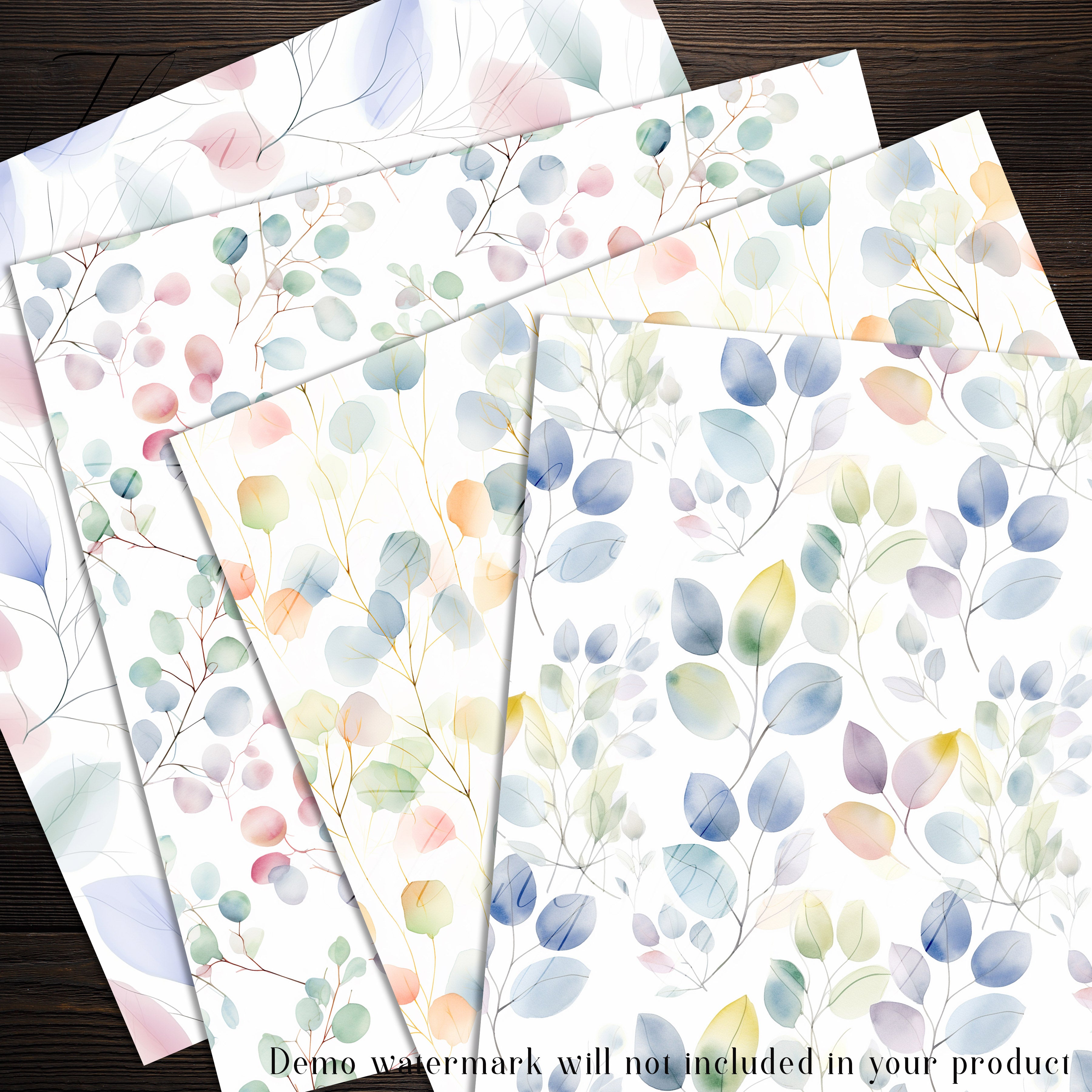 20 Seamless Watercolor Pastel Eucalyptus Leaf Digital Papers