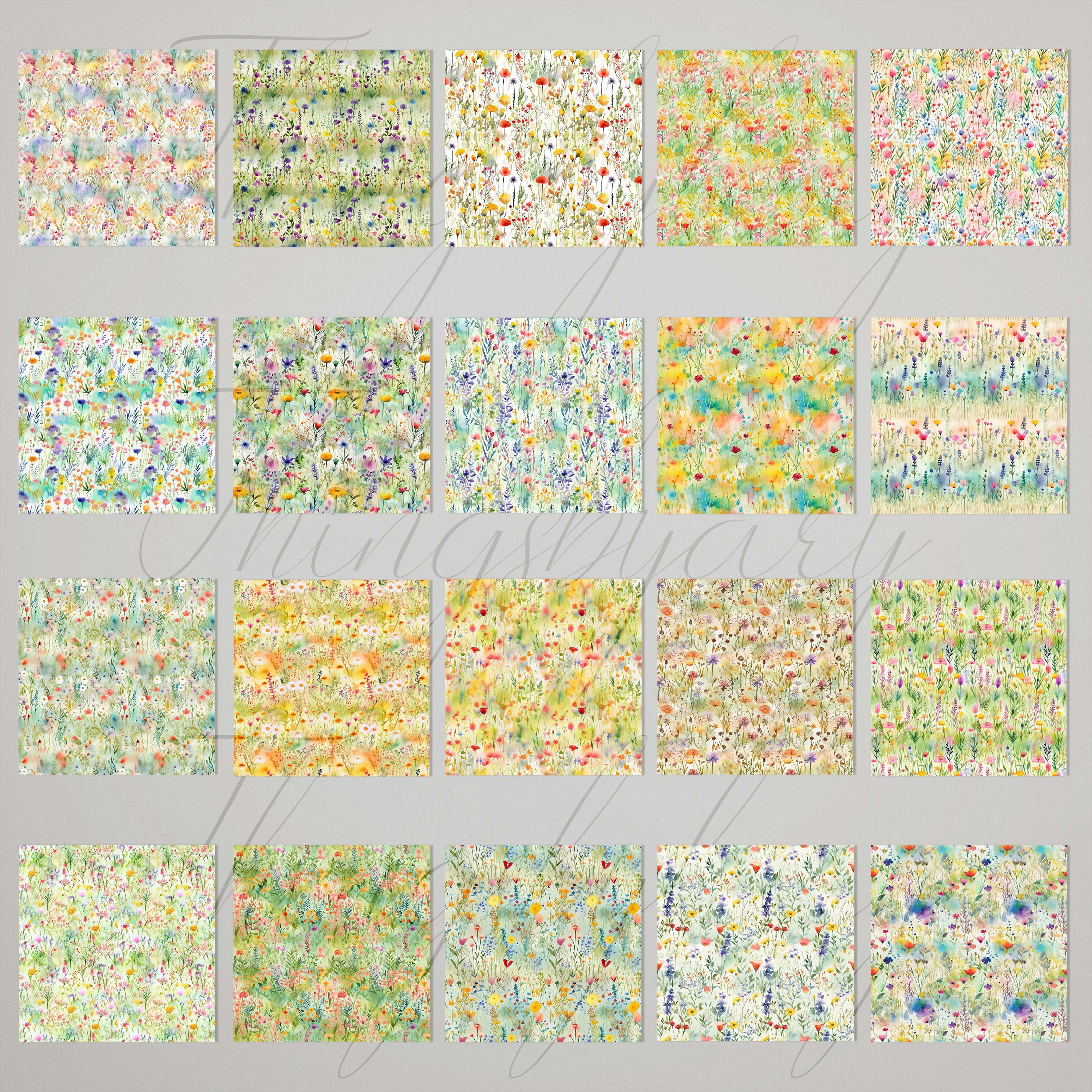 20 Seamless Watercolor Meadow Wildflowers Digital Papers