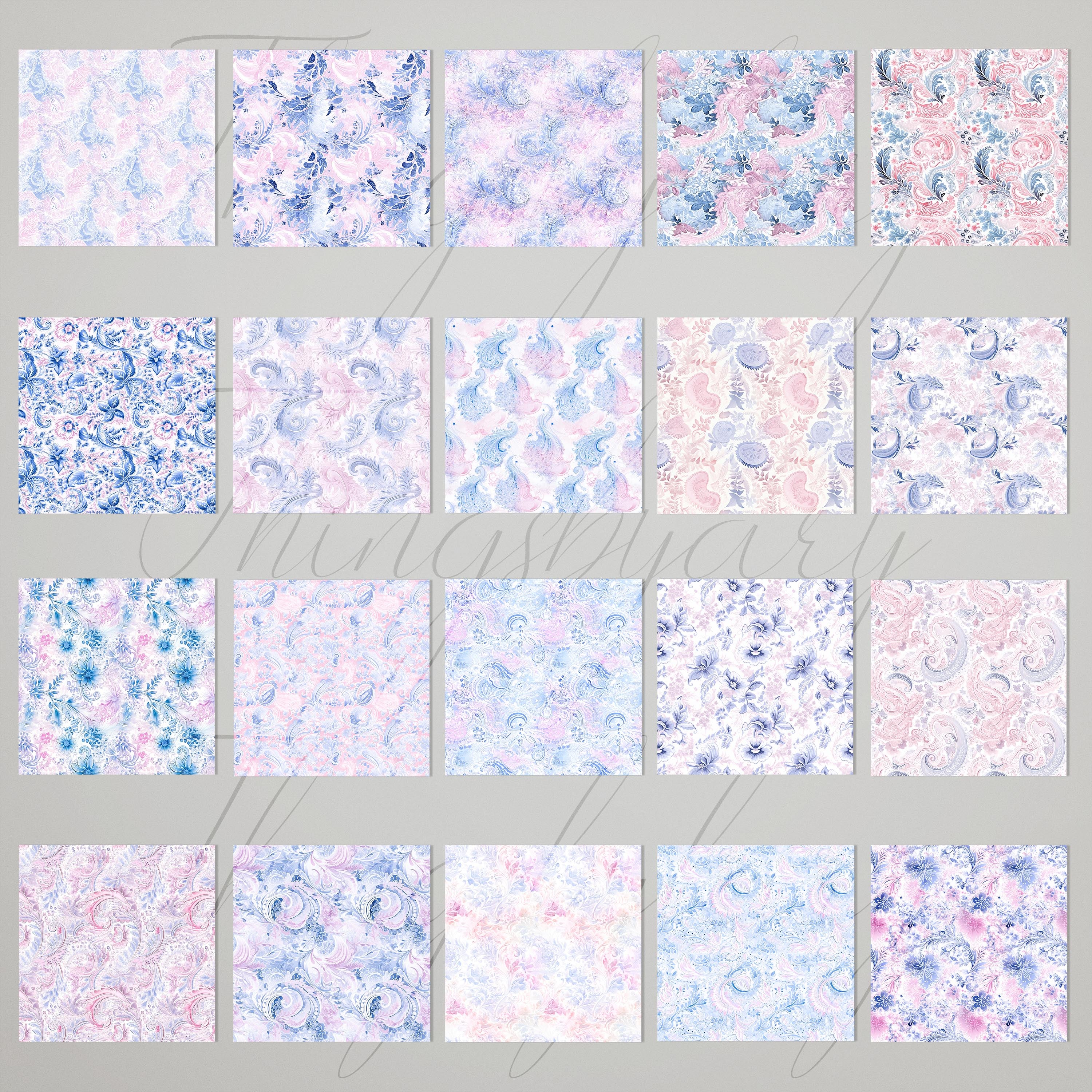 20 Seamless Watercolor Rose Quartz Serenity Paisley Indian Floral Digital Papers