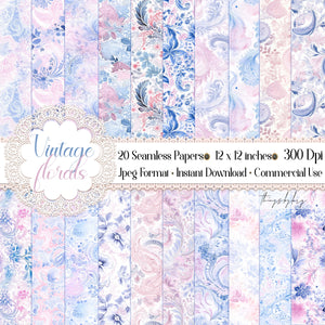 20 Seamless Watercolor Rose Quartz Serenity Paisley Indian Floral Digital Papers