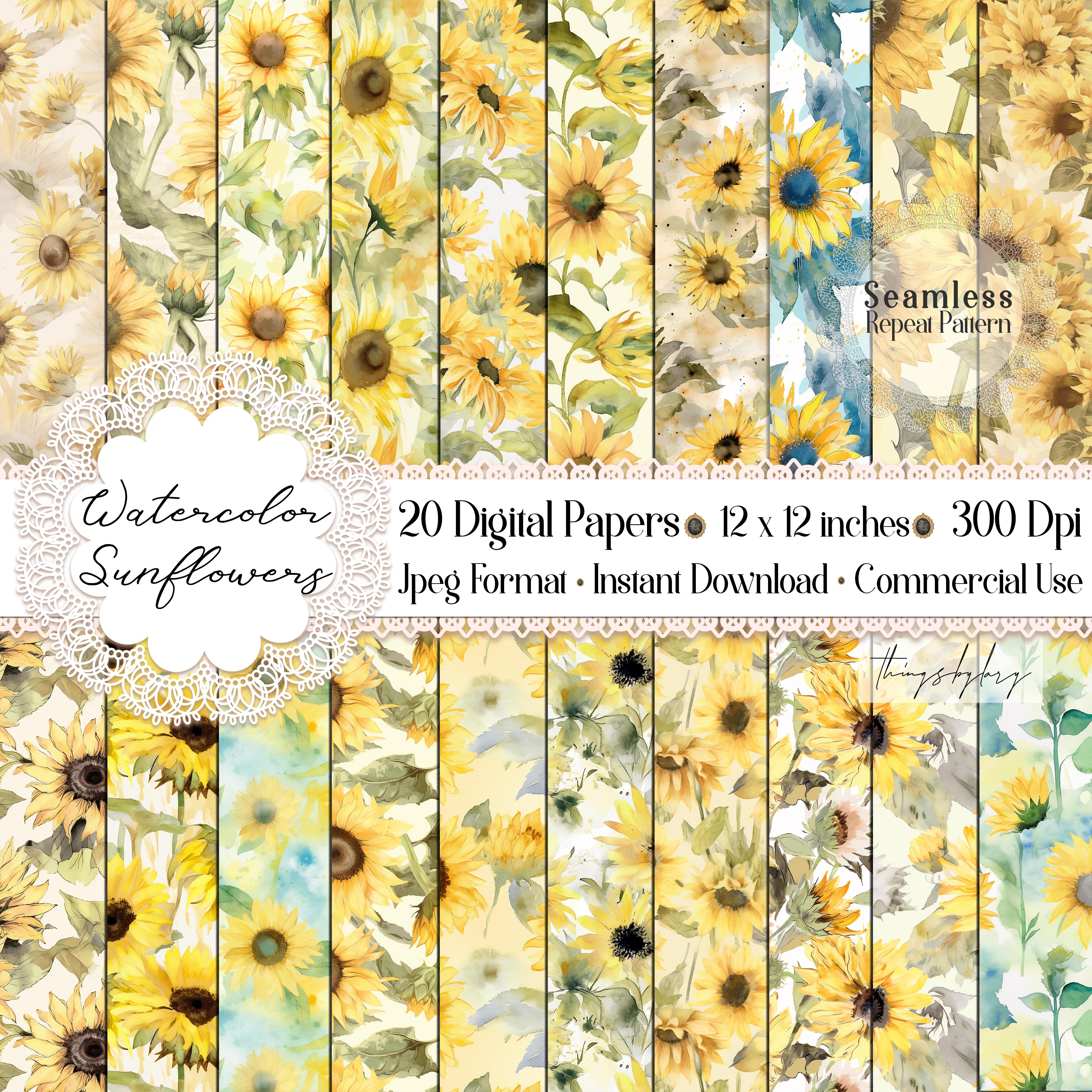 20 Seamless Watercolor Sunflowers Rustic Sunflowers Papers