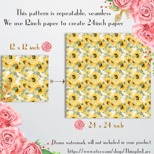 20 Seamless Watercolor Sunflowers Rustic Sunflowers Papers