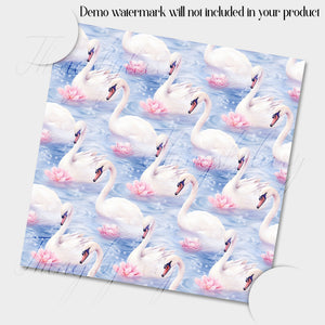 20 Seamless Watercolor Swans and Flowers in Lake Digital Papers