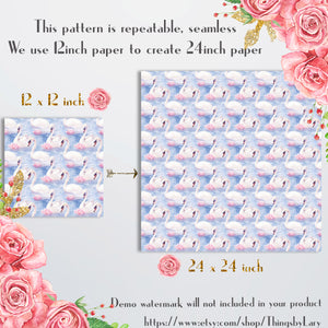 20 Seamless Watercolor Swans and Flowers in Lake Digital Papers