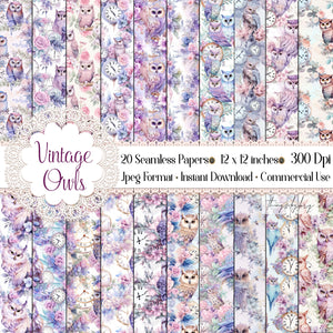 20 Seamless Watercolor Vintage Owl and Clock Digital Papers