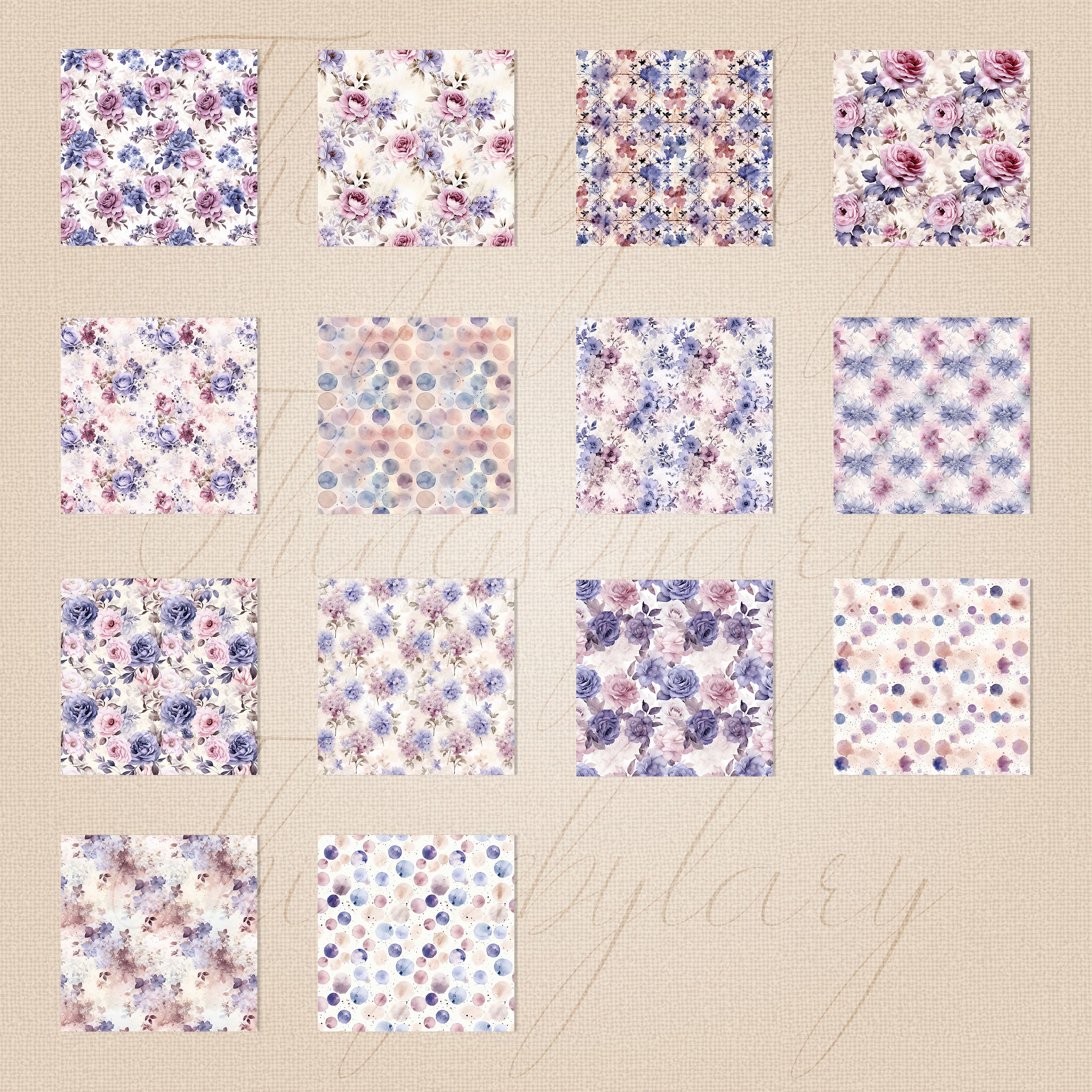 28 Seamless Vintage Romantic Purple Shabby Chic Roses Polka Dots Digital Papers