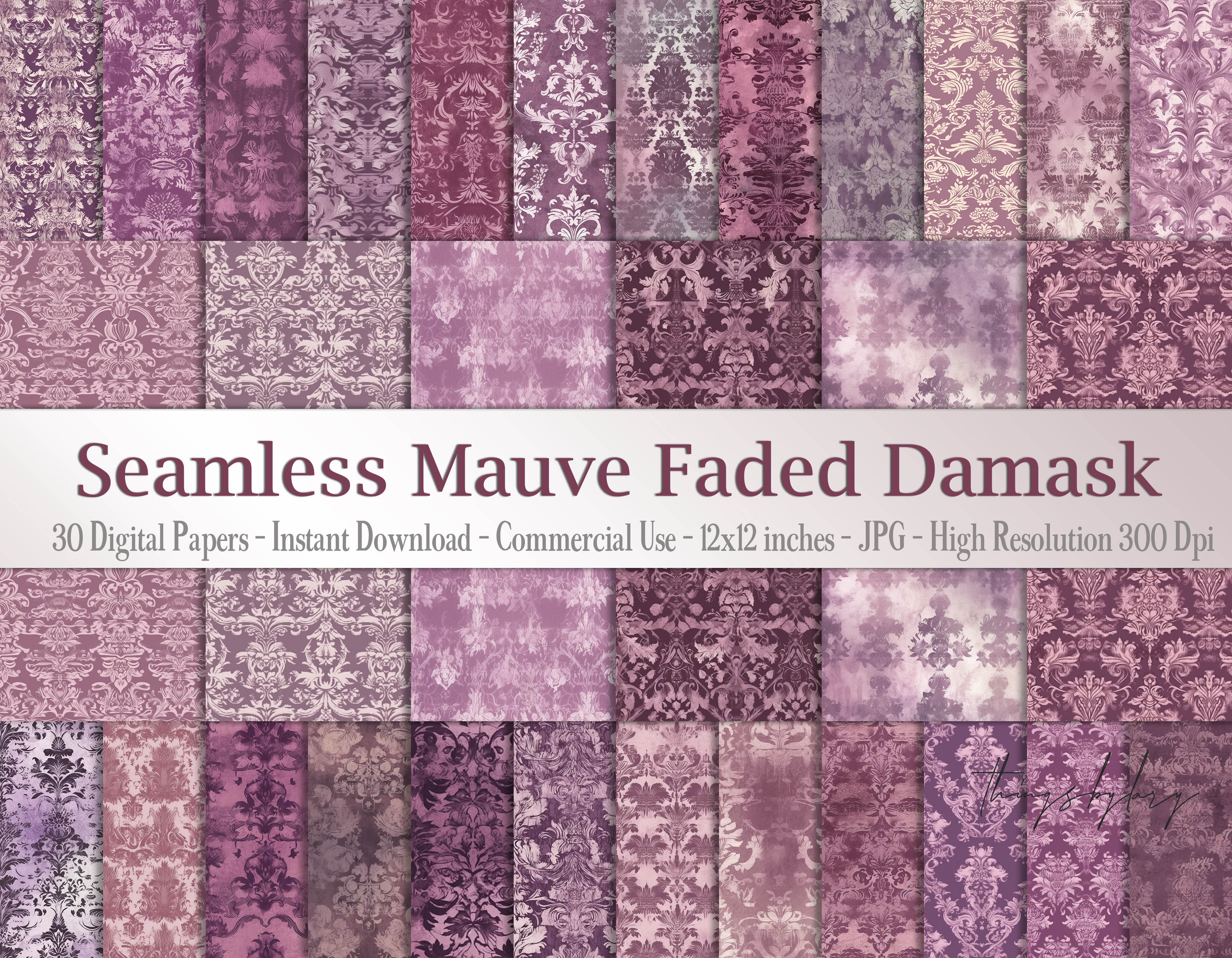 30 Seamless Vintage Mauve Faded Damask Digtal Papers