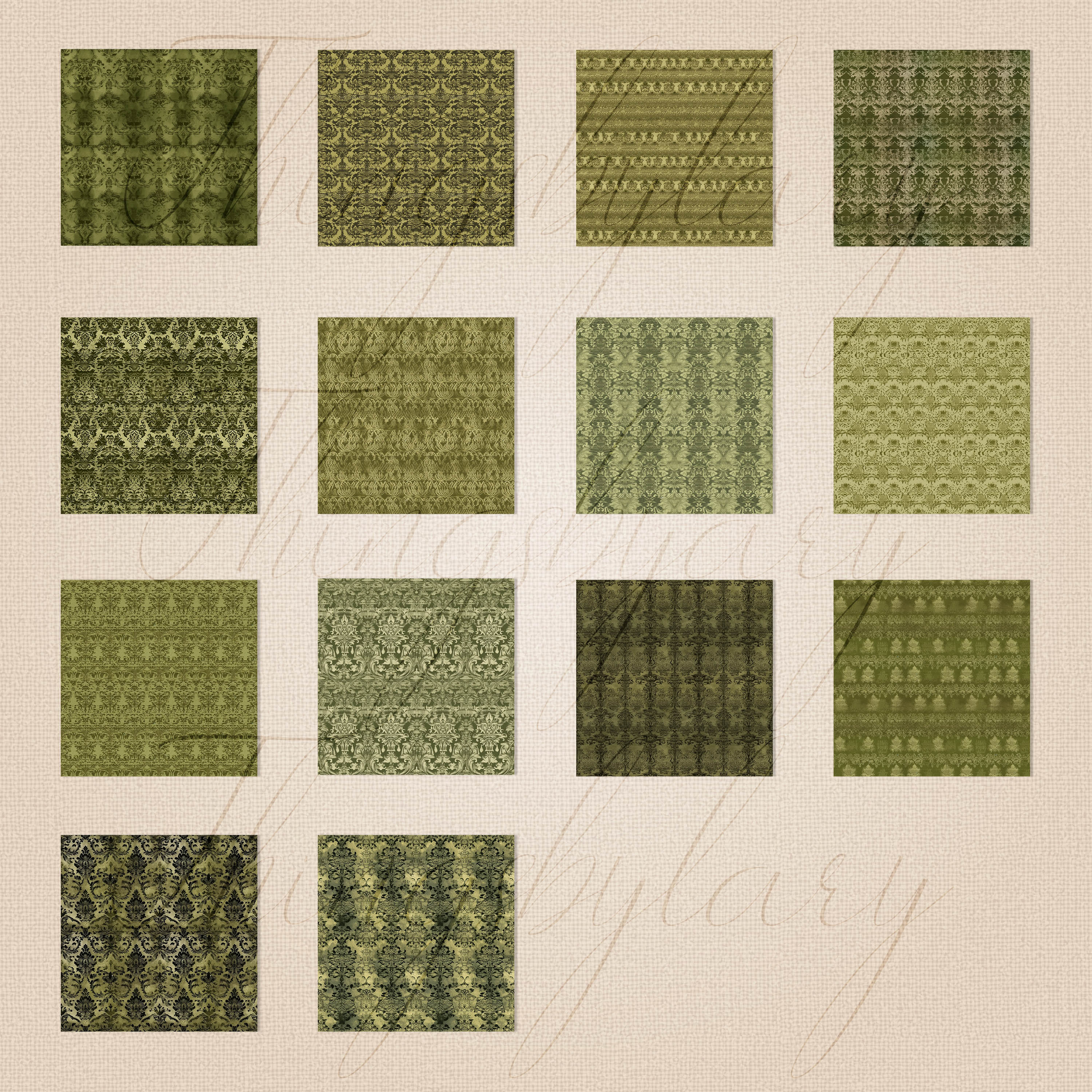 30 Seamless Vintage Olive Faded Damask Digtal Papers