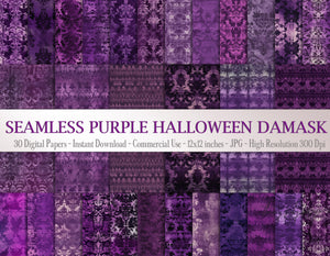 30 Seamless Vintage Purple Halloween Faded Embossed Damask Digtal Papers