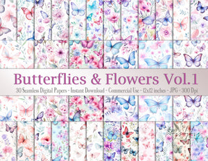 30 Seamless Watercolor Butterflies and Flowers Vol 1 Digital Papers