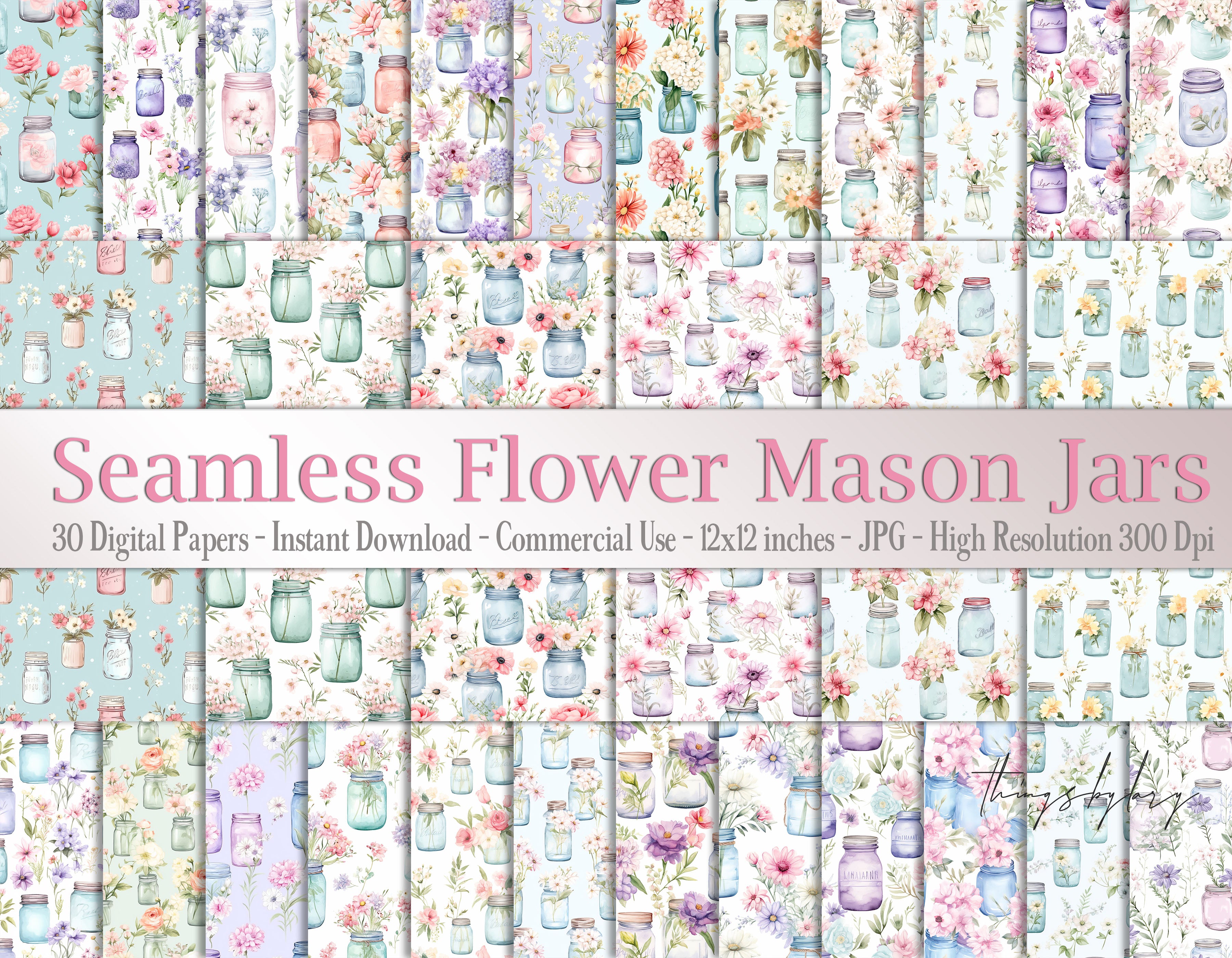 30 Seamless Watercolor Flower Mason Jars Wildflower Bouquets Digital Papers
