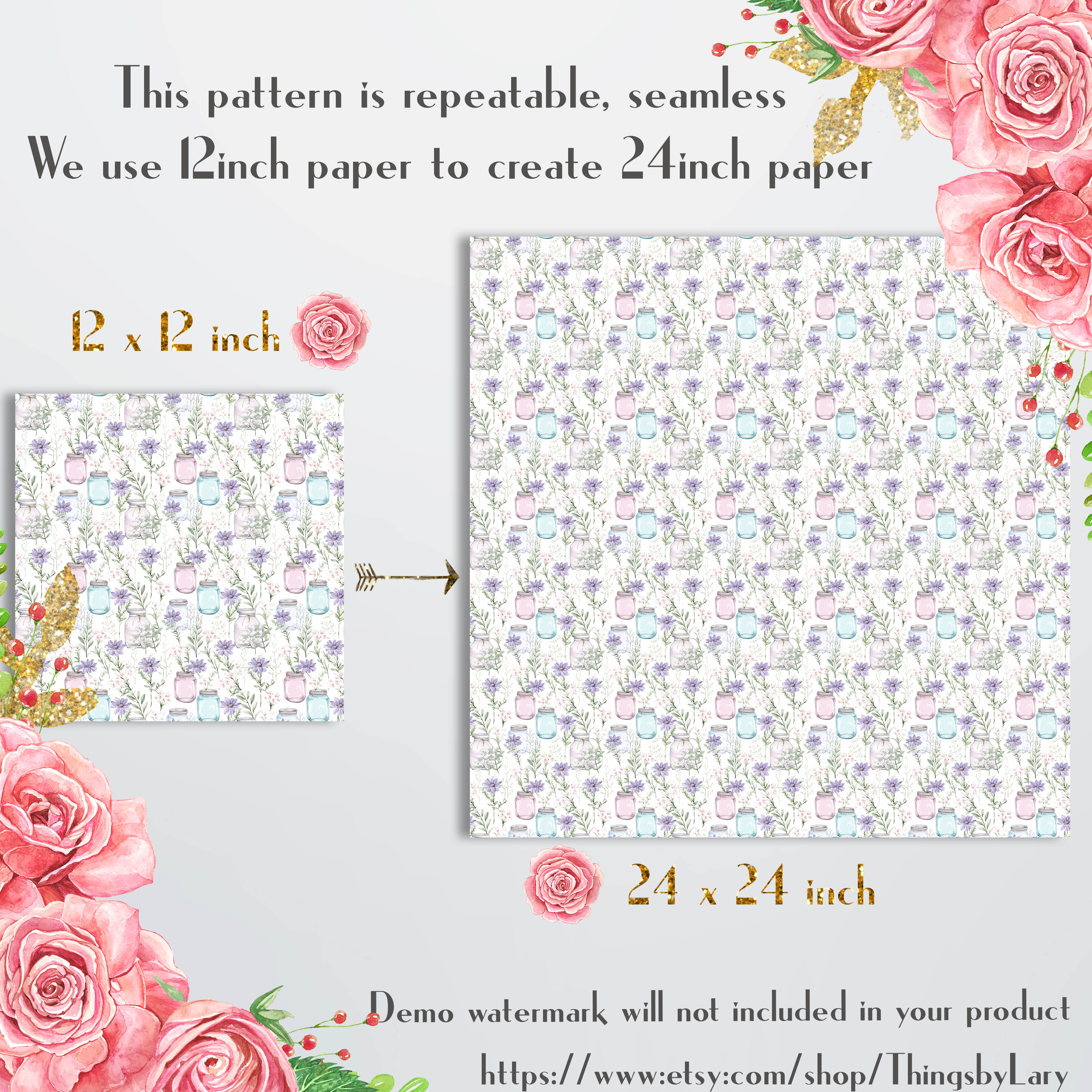 30 Seamless Watercolor Flower Mason Jars Wildflower Bouquets Digital Papers