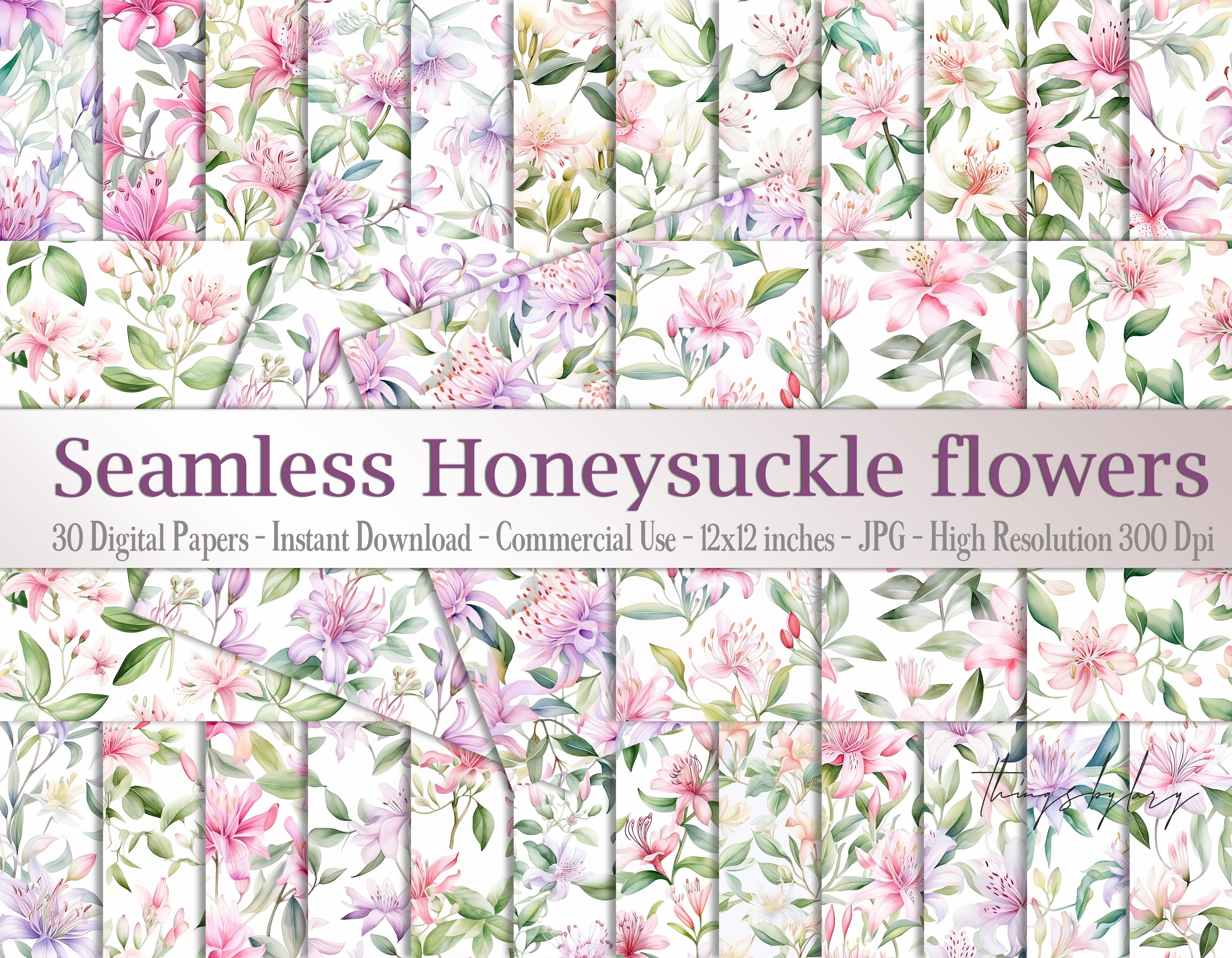 30 Seamless Watercolor Honeysuckle Lonicera caprifolium Digital Papers