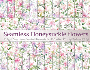 30 Seamless Watercolor Honeysuckle Lonicera caprifolium Digital Papers