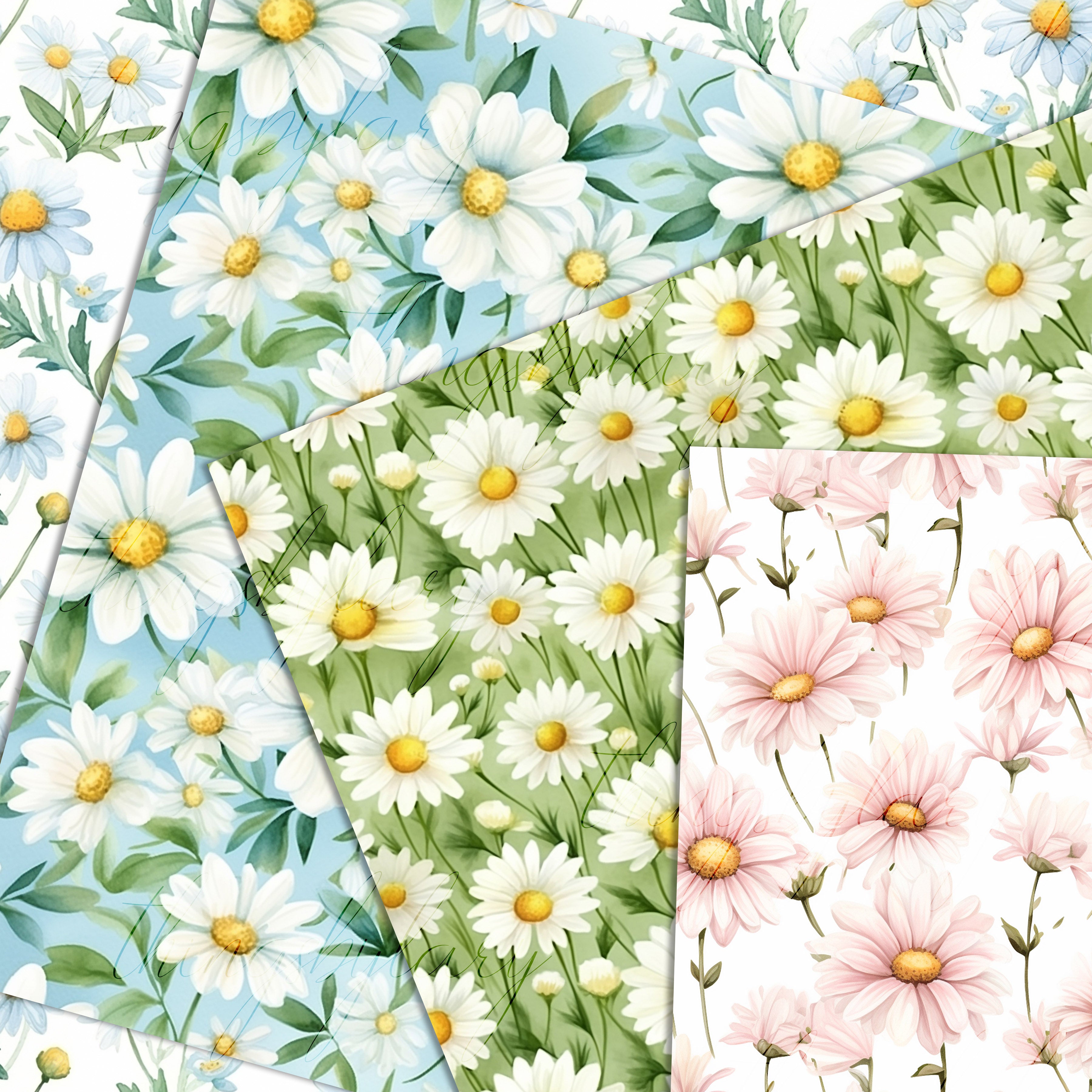 30 Seamless Watercolor Mini Meadow Daisy Flowers Digital Papers