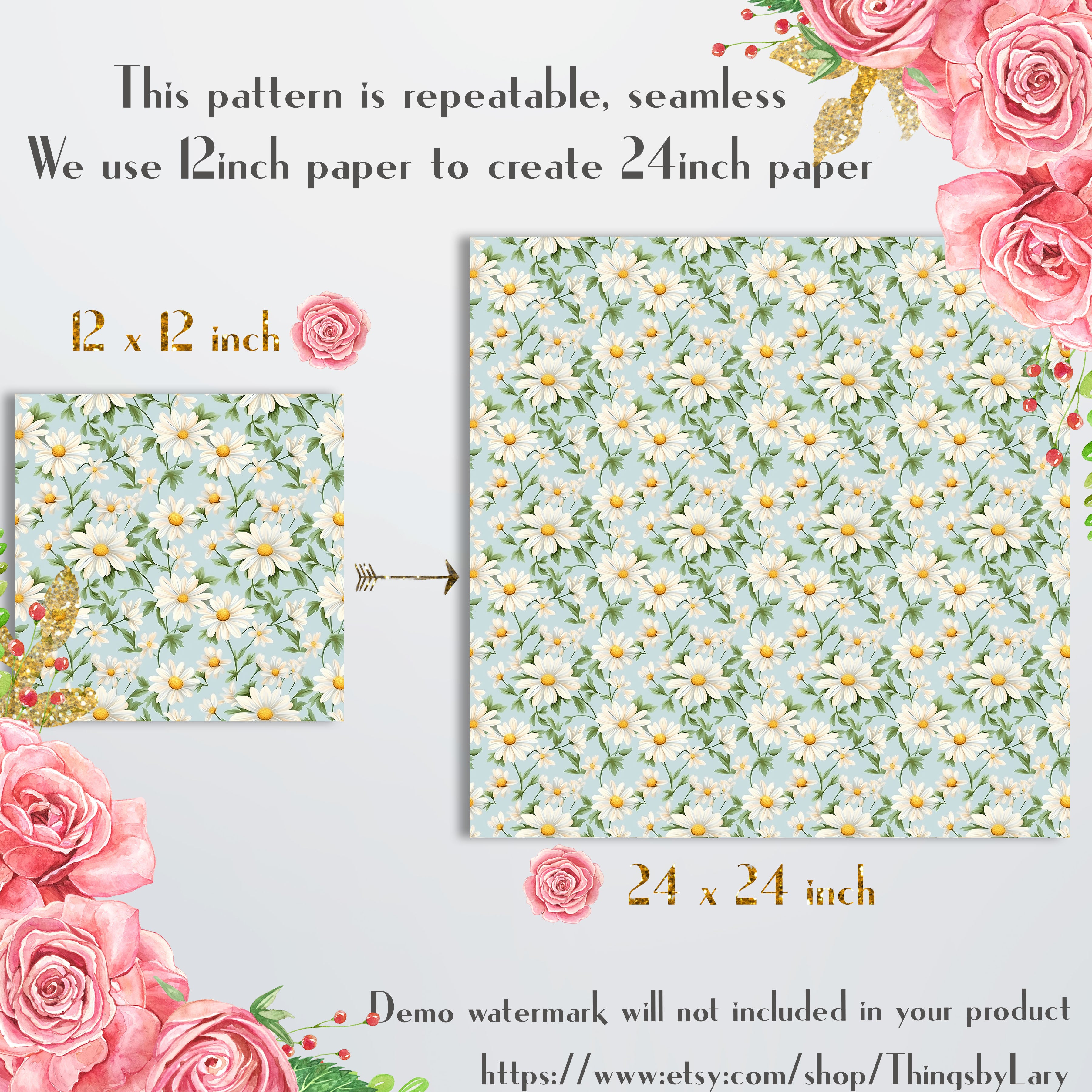 30 Seamless Watercolor Mini Meadow Daisy Flowers Digital Papers