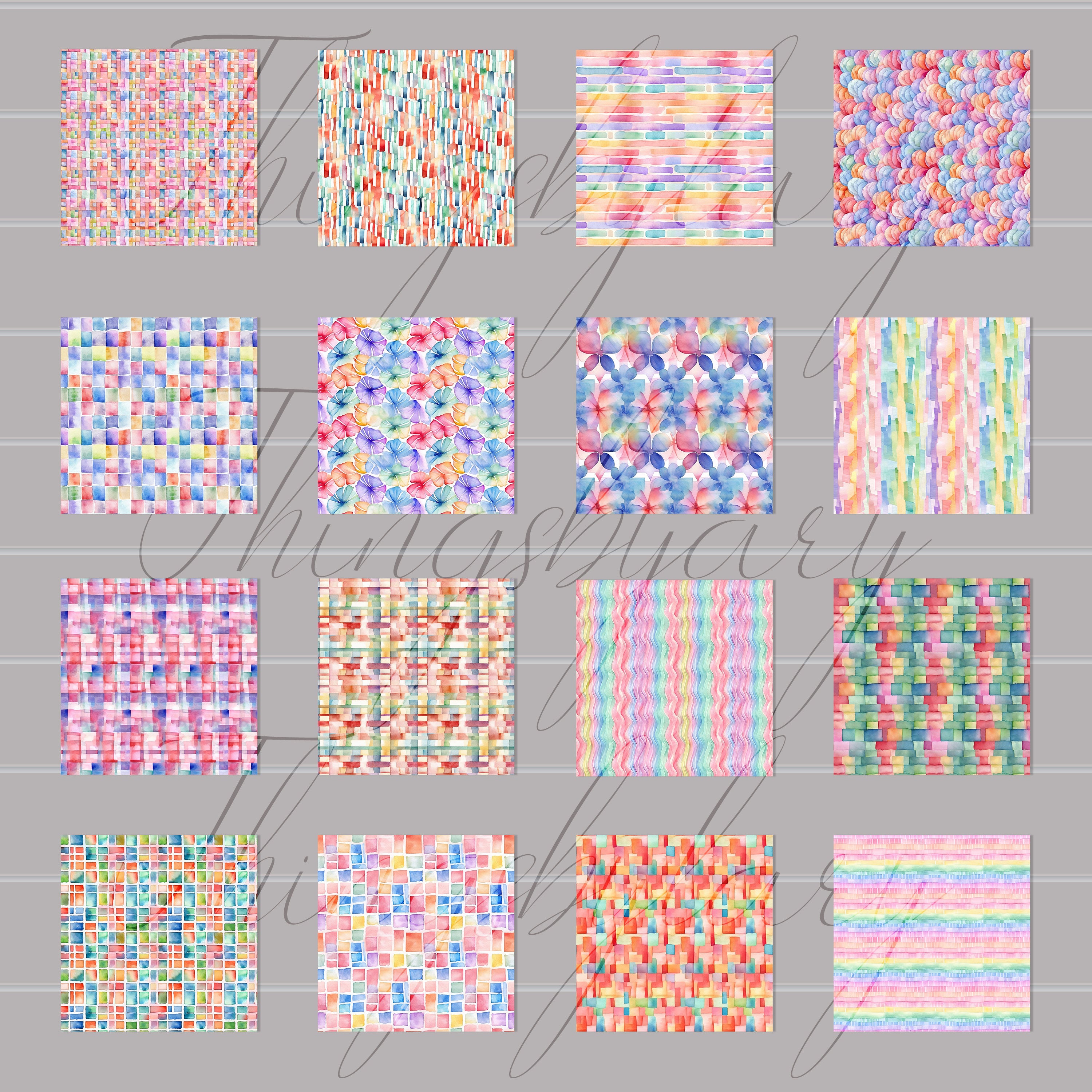 30 Seamless Watercolor Rainbow Hand Painted Geometric Papers