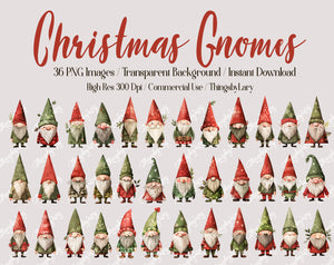 36 Christmas Gnomes Green Red Theme PNG Clip Arts