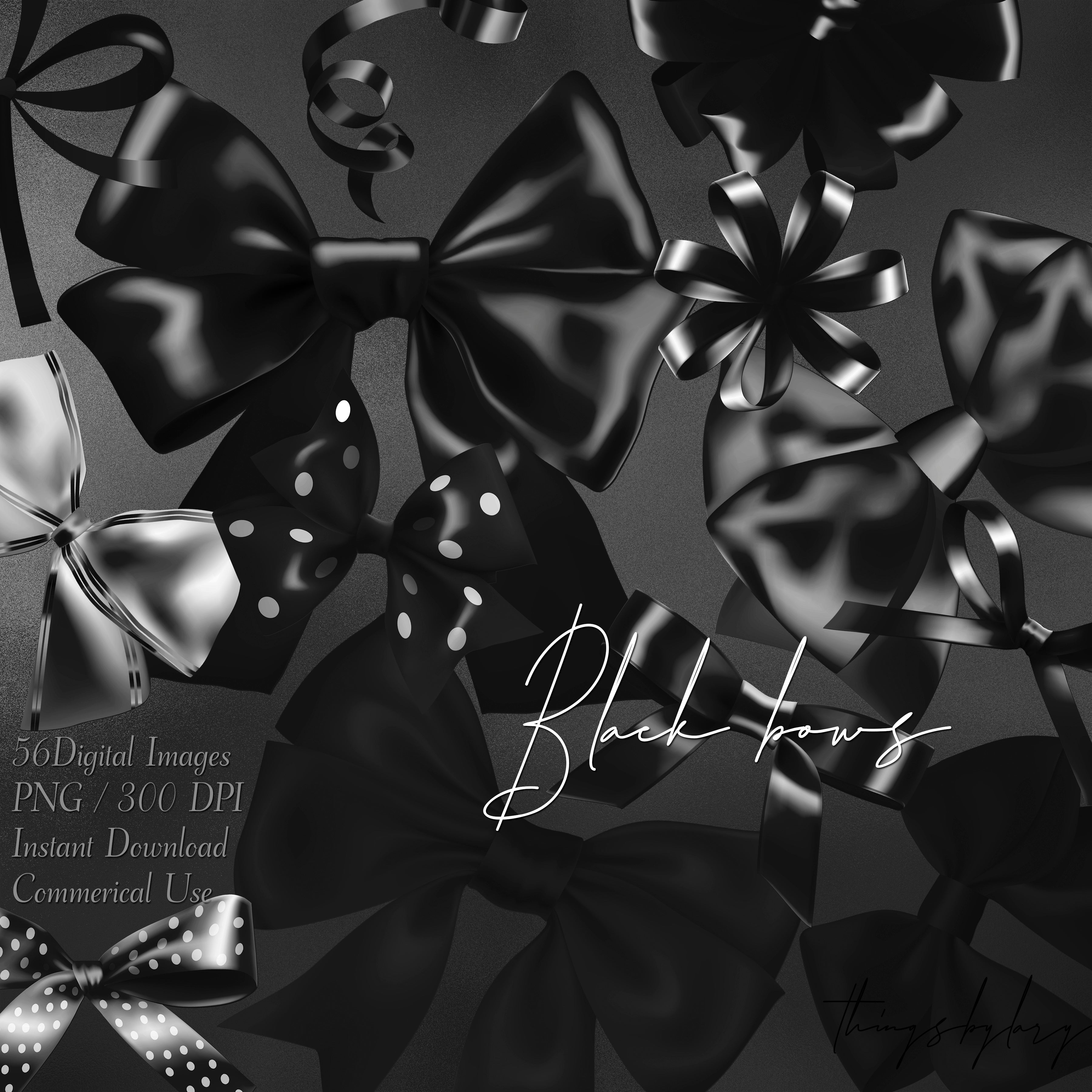 56 Black Satin Bows and Ribbons Digital Images