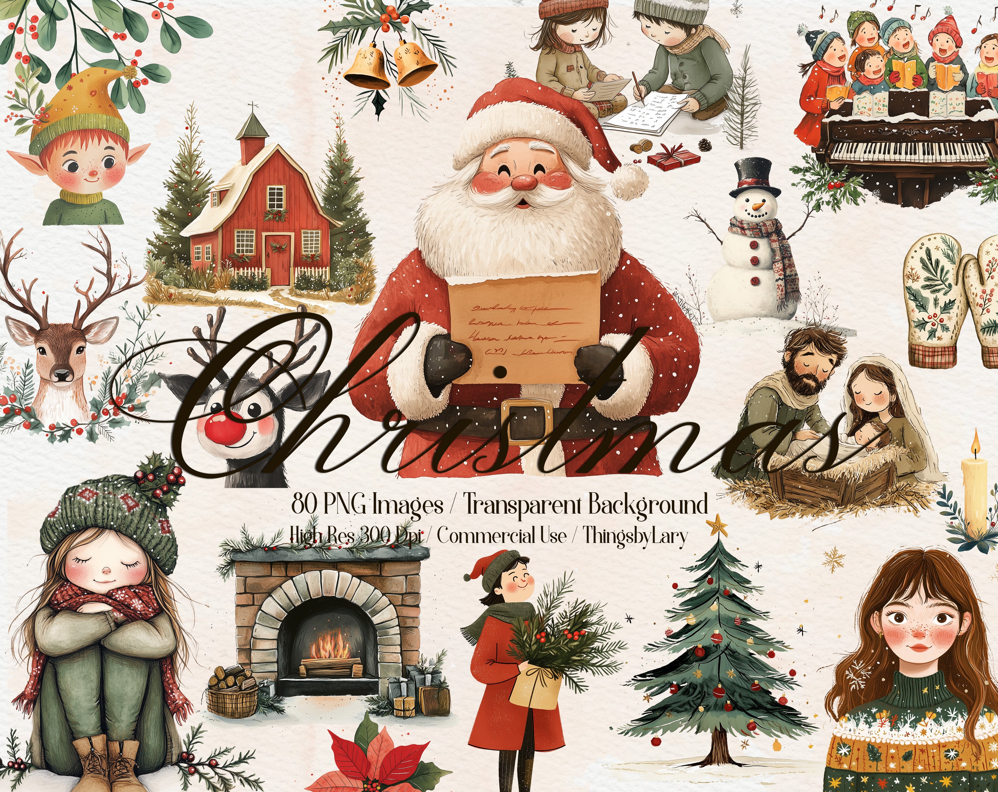 80 Watercolor Christmas Holiday PNG Clip Arts