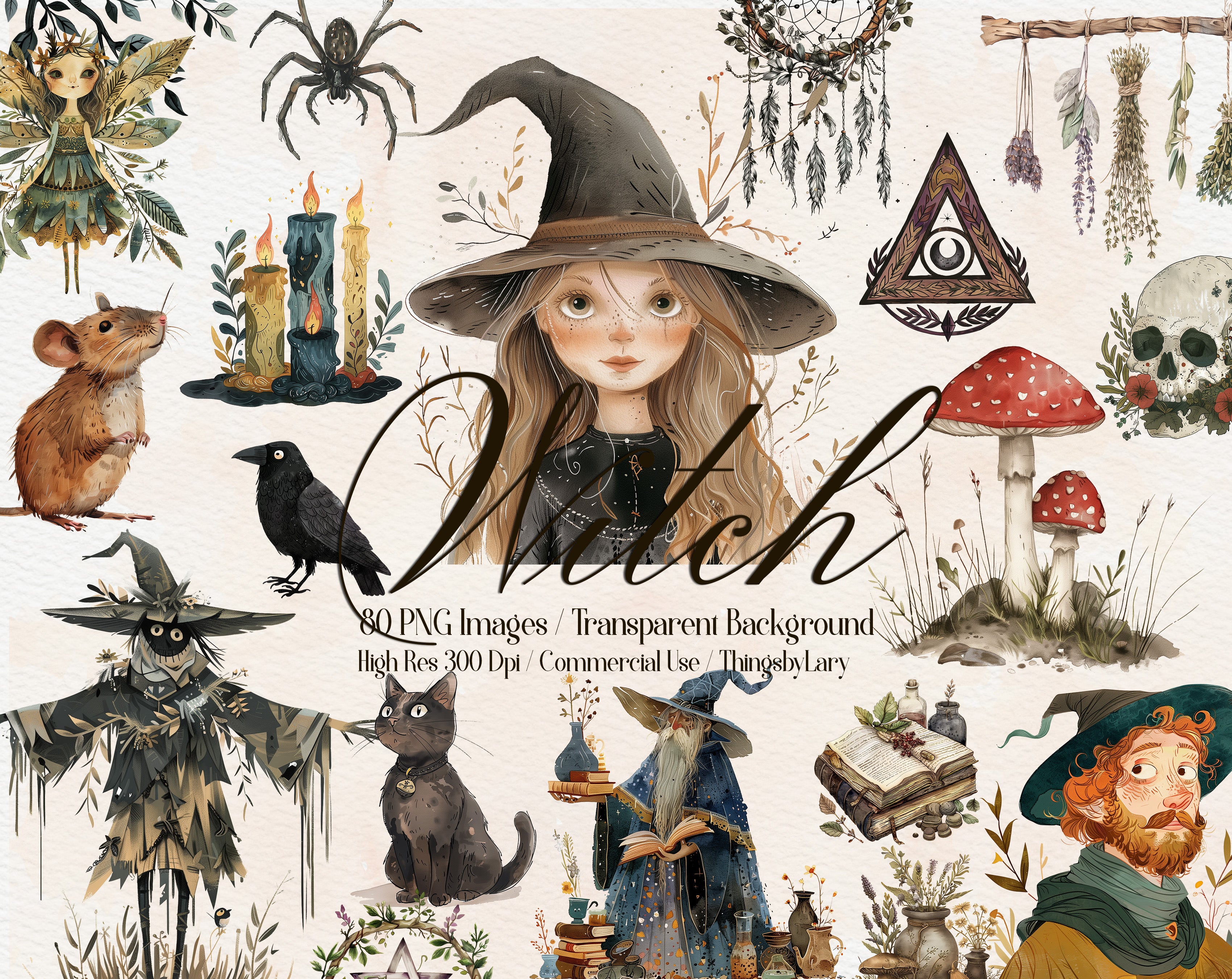 80 Watercolor Fantasy Witch PNG Clip Arts