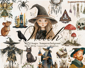 80 Watercolor Fantasy Witch PNG Clip Arts