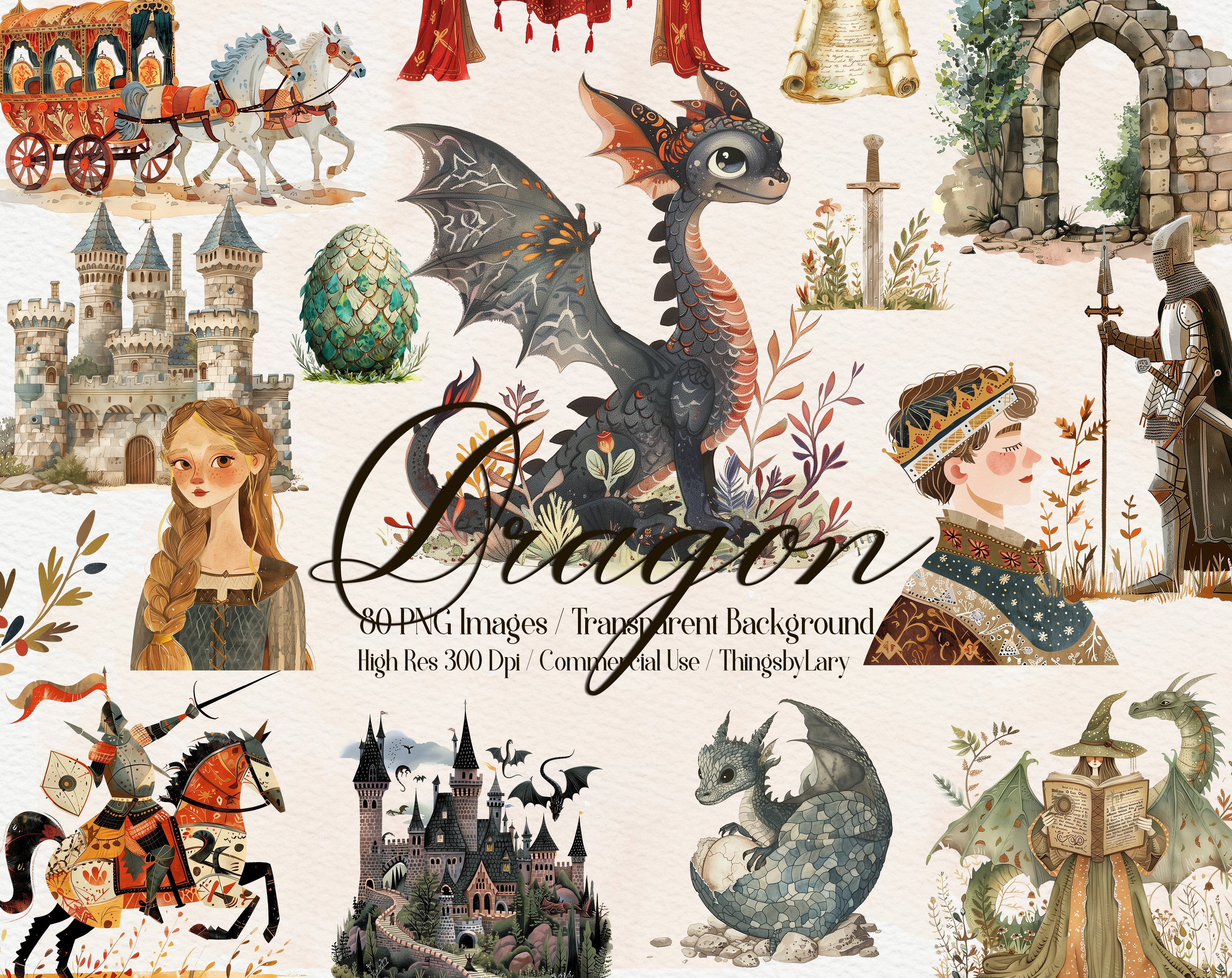 80 Watercolor Medieval Fantasy Dragon Royal Knight PNG Clip Arts