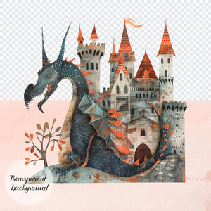 80 Watercolor Medieval Fantasy Dragon Royal Knight PNG Clip Arts