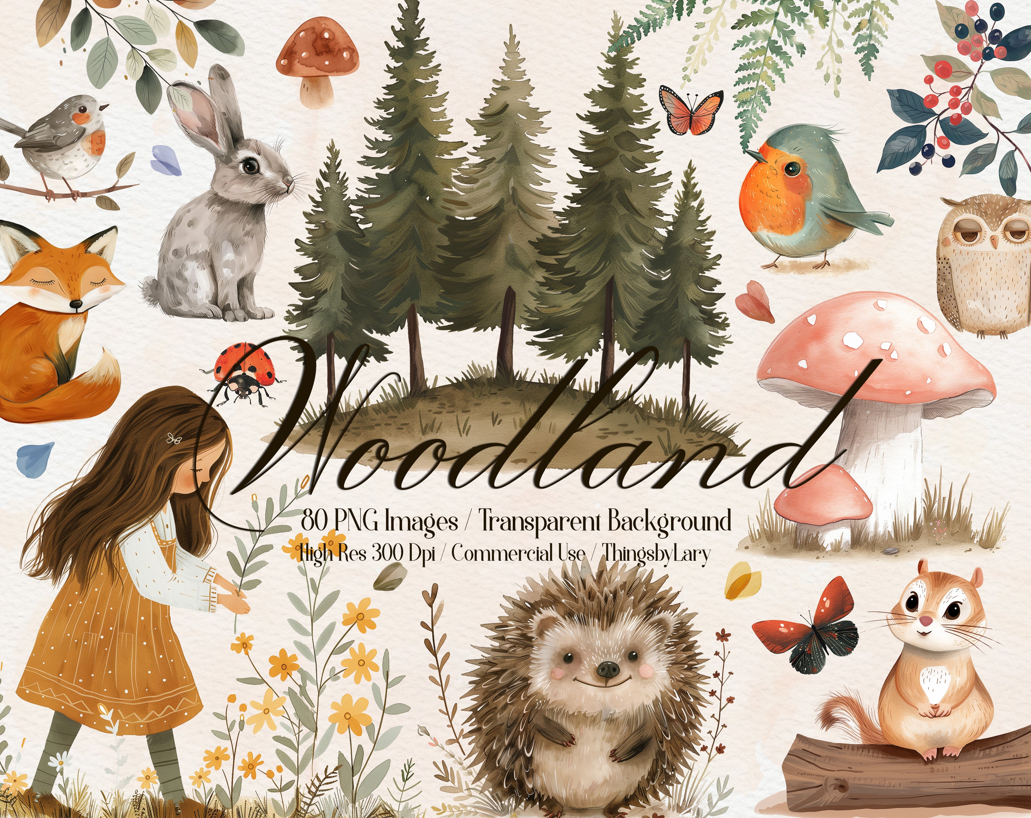 80 Watercolor Woodland Forest Animals PNG Clip Arts