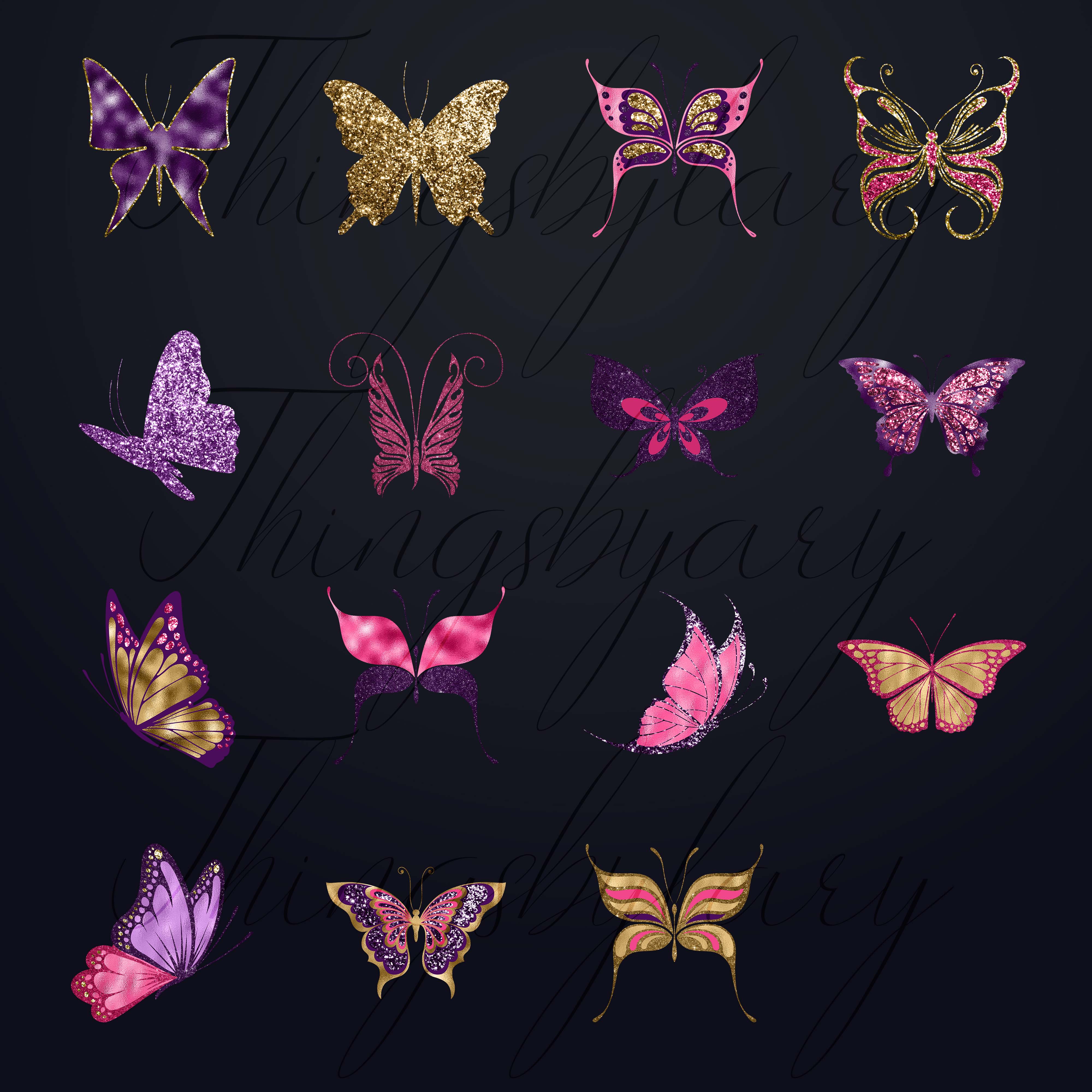 15 Pink Purple Gold Glitter Foil Fairy Butterfly Clip Arts