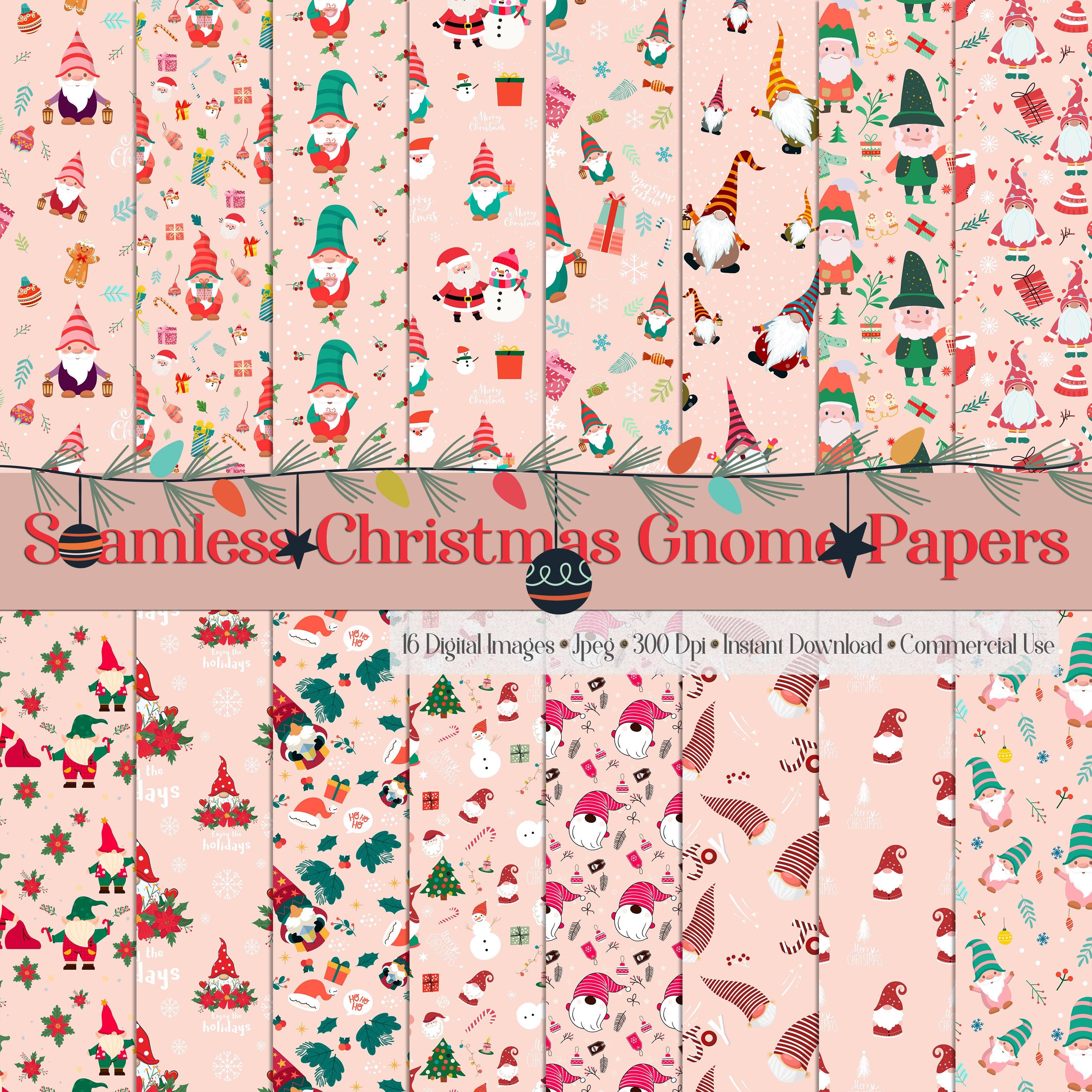16 Seamless Christmas Gnomes Digital Papers