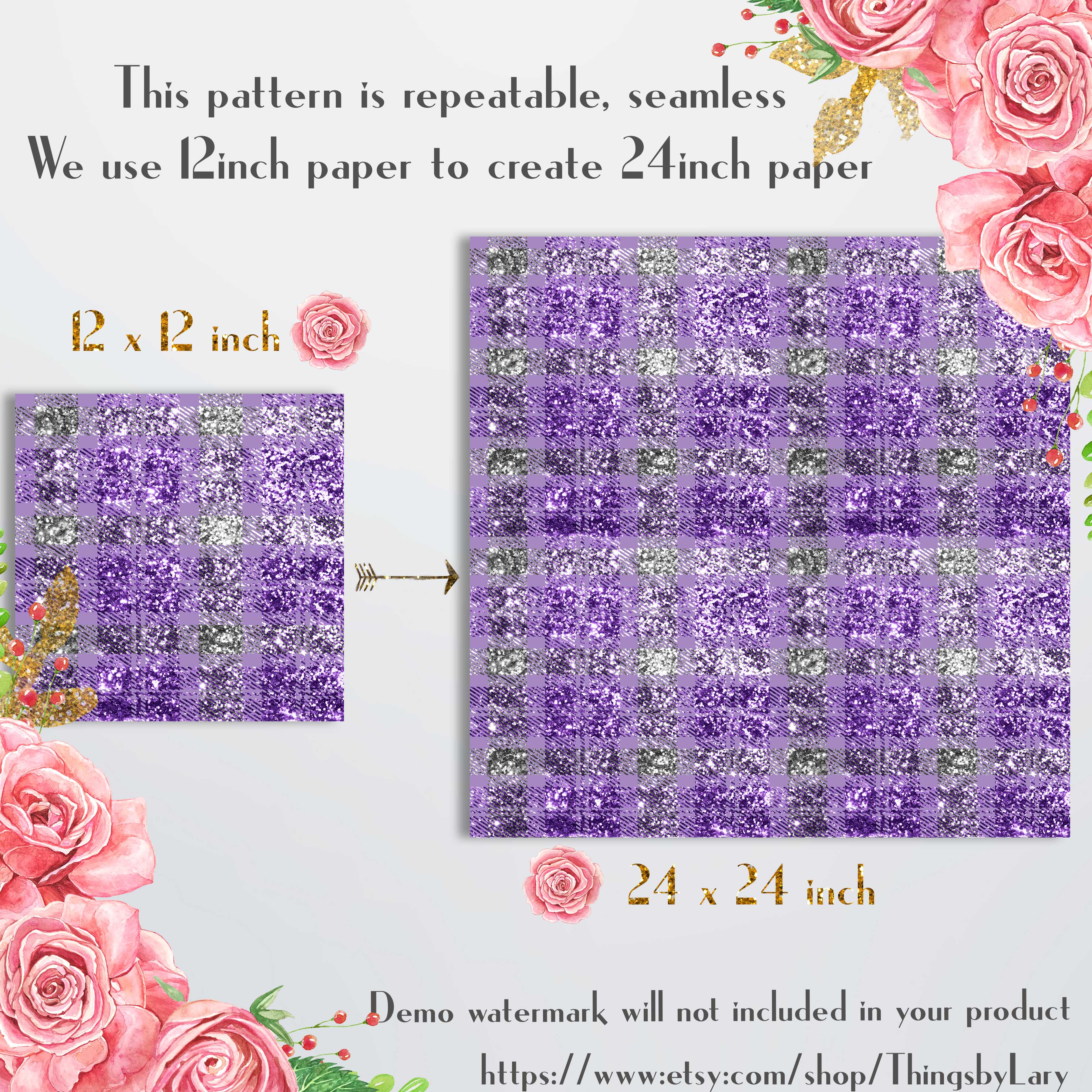 16 Luxury Silver and Purple Glitter Plaid Tartan Papers