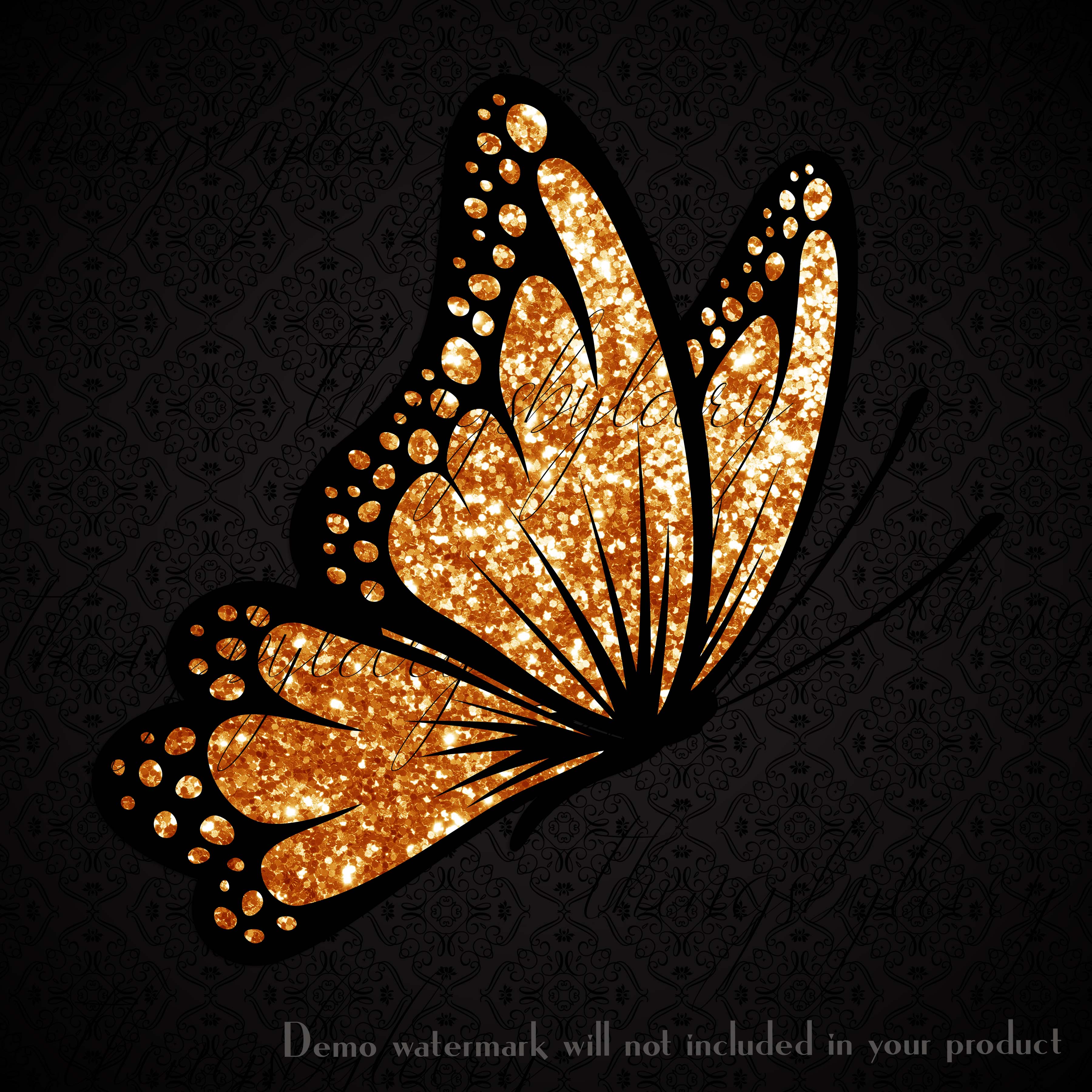 30 Orange Monarch Foil and Glitter Butterfly PNG Image Isolated