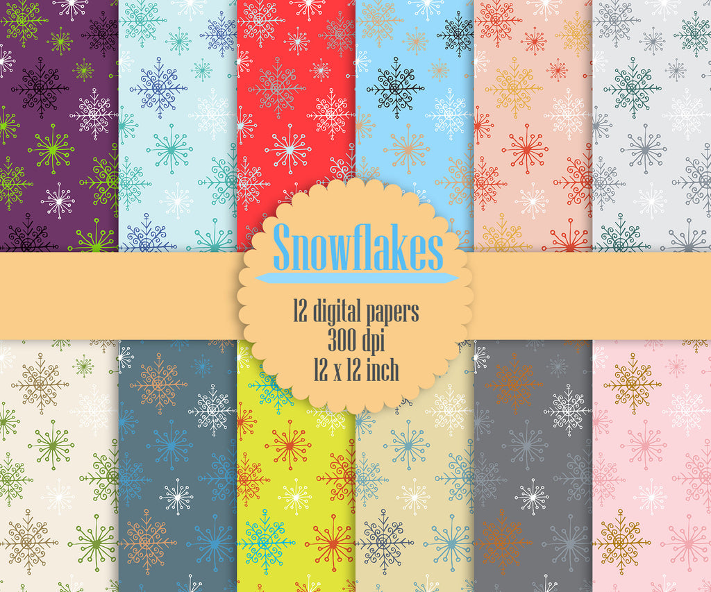 12 Snowflake Digital Papers 12&quot; Instant Download, Winter Digital Papers, Snowflake Pattern, High Resolution 300 dpi