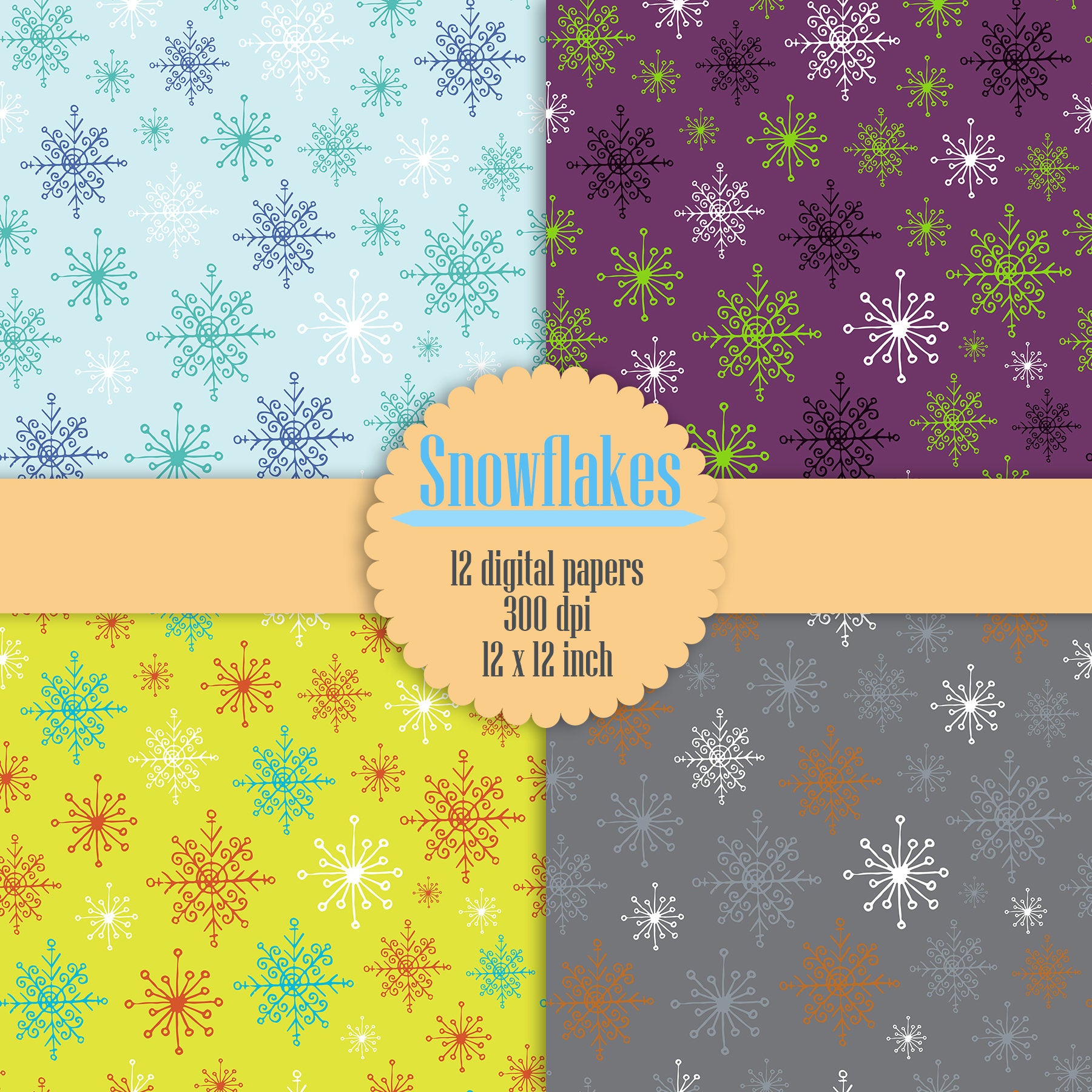 12 Snowflake Digital Papers 12&quot; Instant Download, Winter Digital Papers, Snowflake Pattern, High Resolution 300 dpi