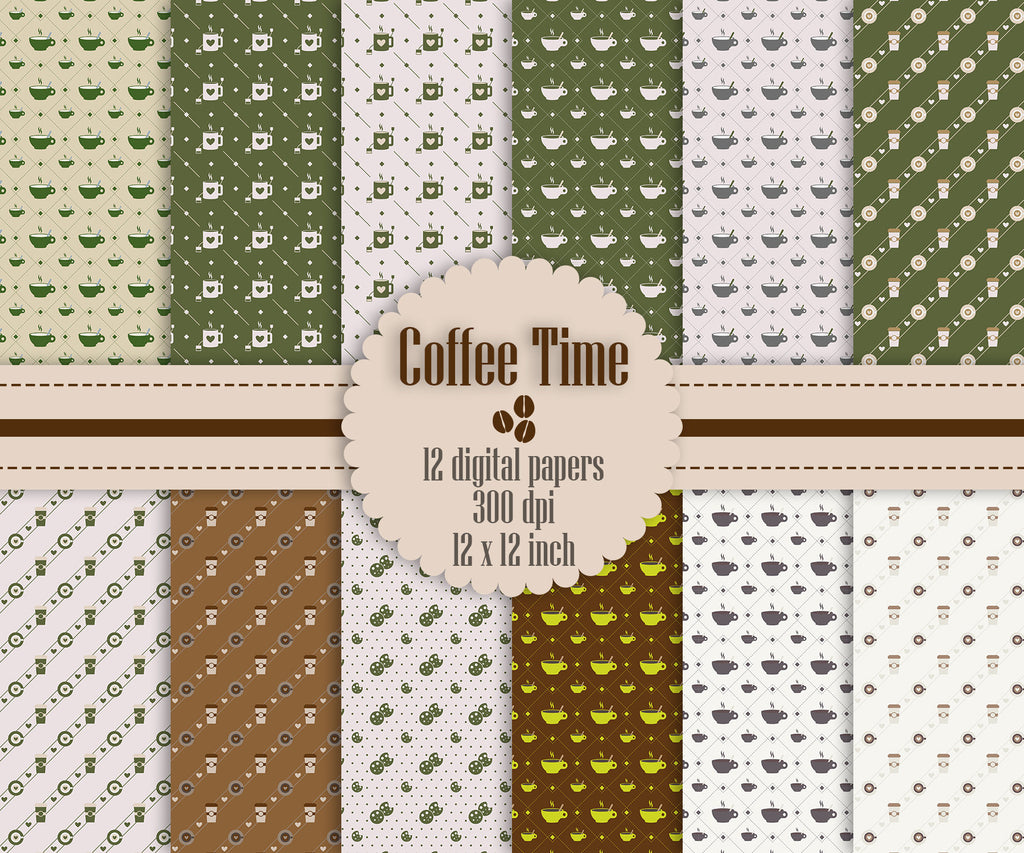 12 Coffee Time Digital Papers in 12 inch Instant Download, Coffee Time Pattern, Cookies Pattern, High Resolution Digital Papers