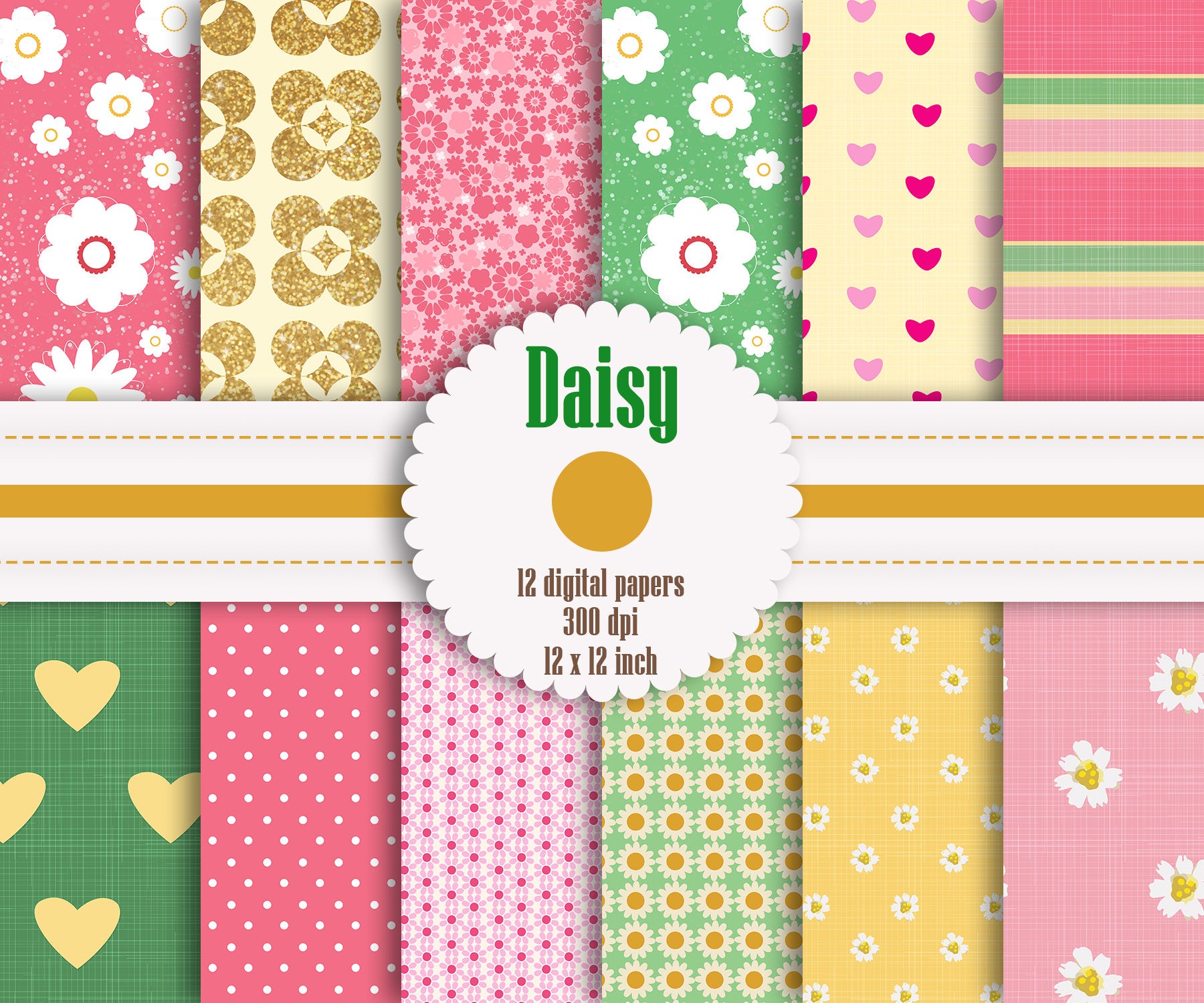 12 Daisy Flower Digital Paper 12 inch 300 Dpi Instant Download, Pink Papers, Scrapbook Papers, Digital Scrapbooking, Commercial Use