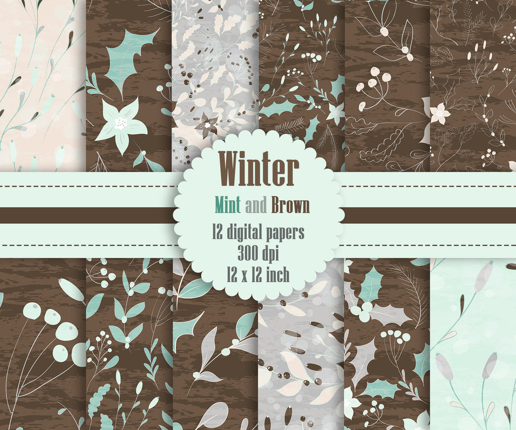 12 Winter Floral Digital Papers in Mint and Brown Color in 12 inch, Instant Download, High Resolution 300 Dpi, Commercial Use