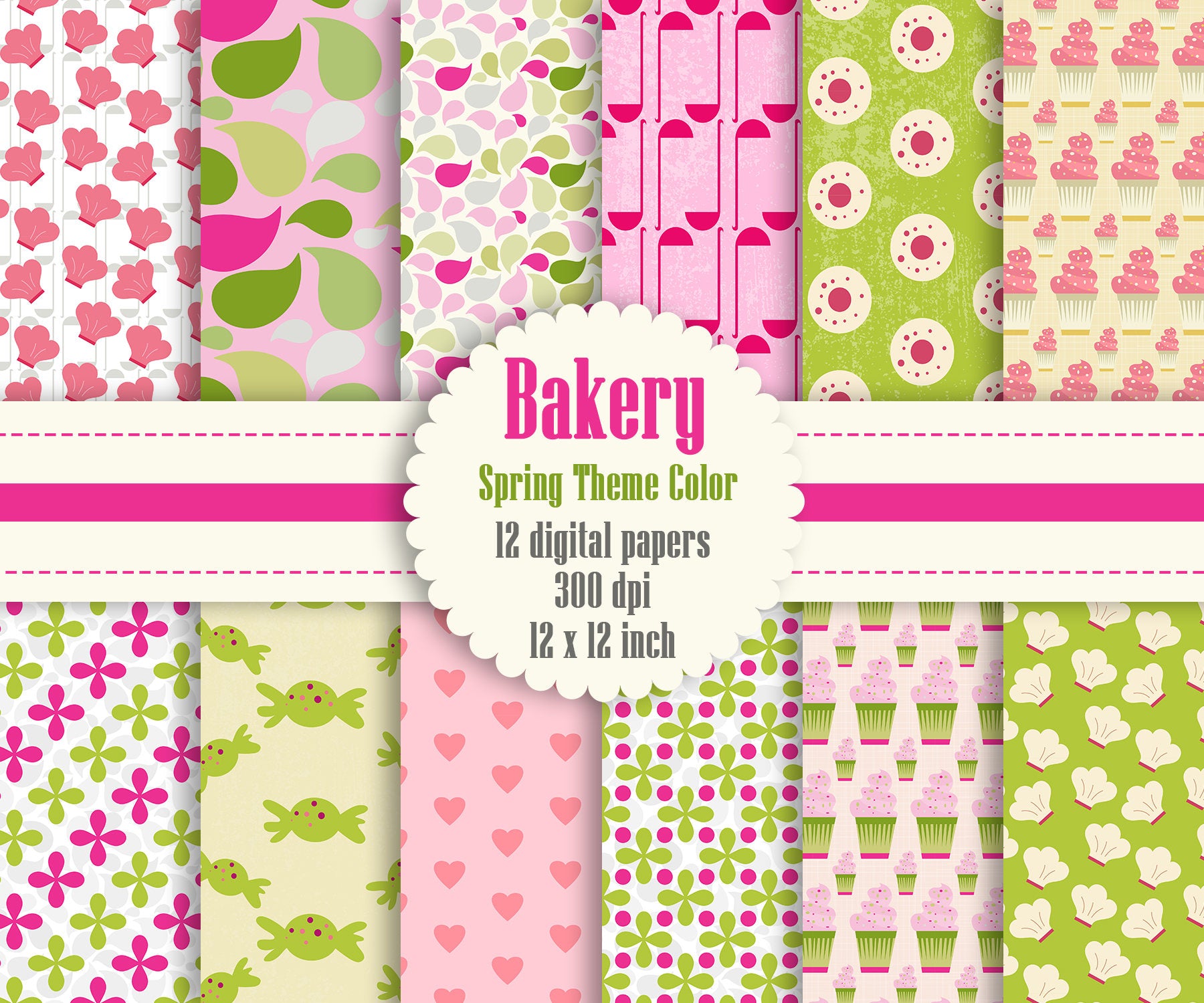 12 Bakery Digital Papers in Spring Theme Color in 12 inch, Instant Download, High Resolution 300 Dpi, Commercial Use