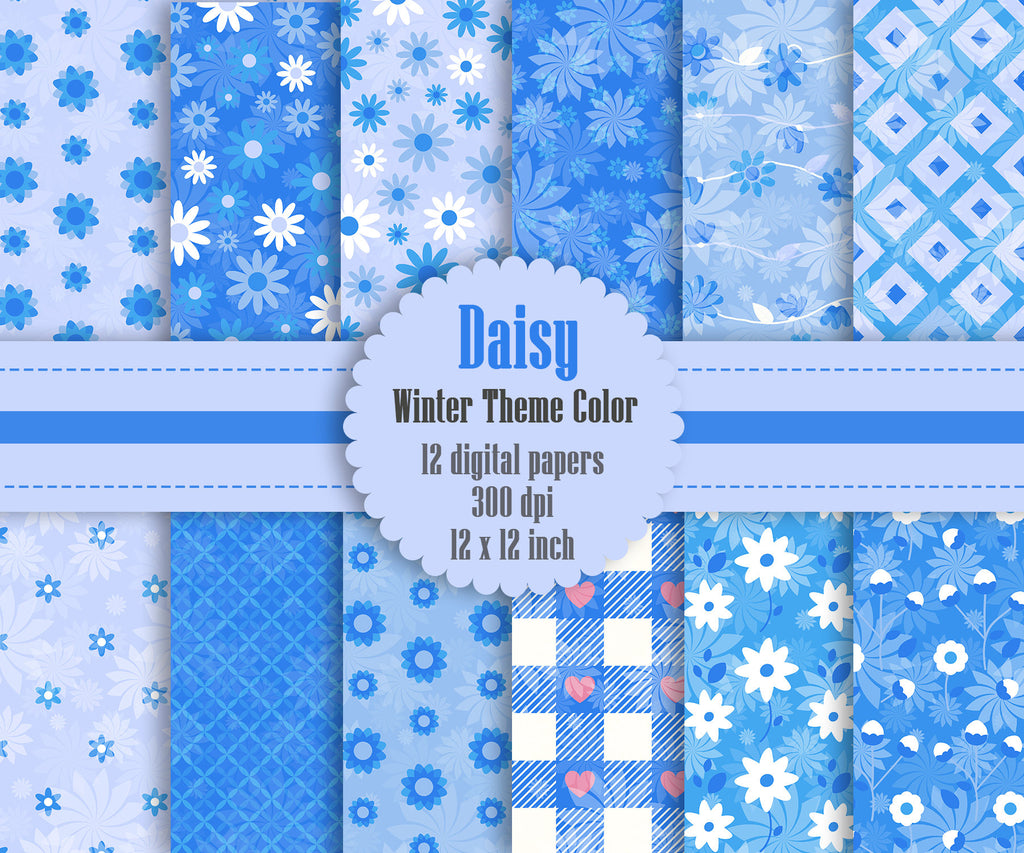 12 Daisy Flower Digital Paper in Winter Theme Color 12 inch 300 Dpi Instant Download, Blue Papers, Scrapbook Papers, Commercial Use