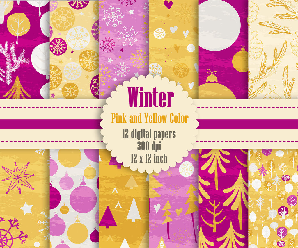 12 Winter Pattern Digital Papers in Pink and Yellow Color in 12 inch, Instant Download, High Resolution 300 Dpi, Commercial Use