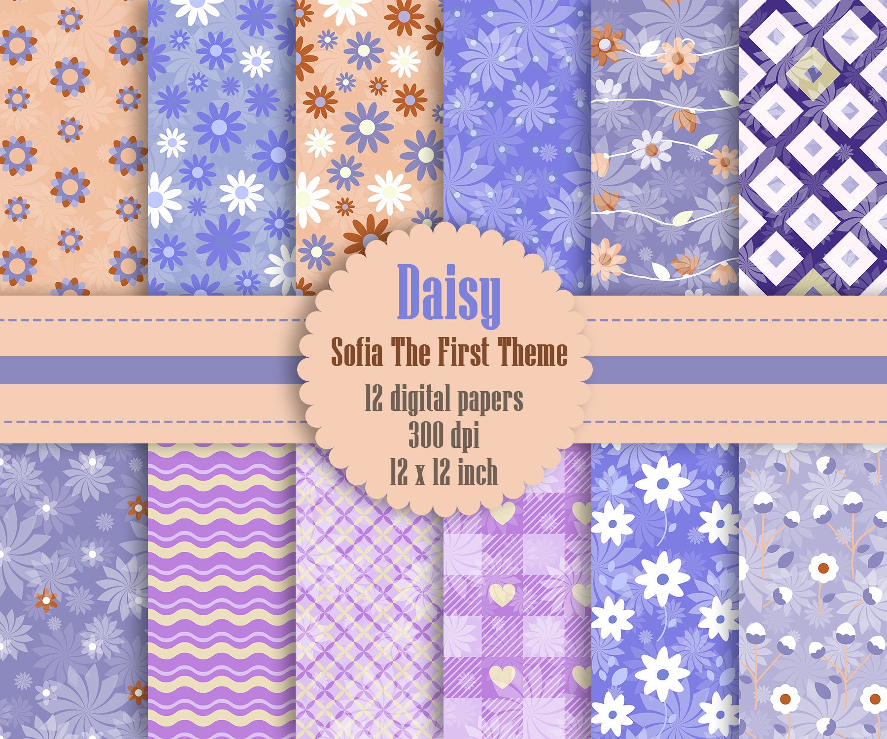 12 Daisy Flower Digital Paper in Sofia The First Theme Color 12 inch 300 Dpi Instant Download, Scrapbook Papers, Commercial Use