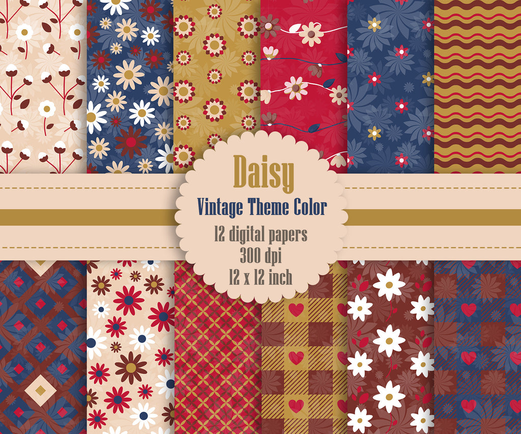 12 Daisy Flower Digital Paper in Vintage Theme Color 12 inch 300 Dpi Instant Download, Scrapbook Papers, Commercial Use