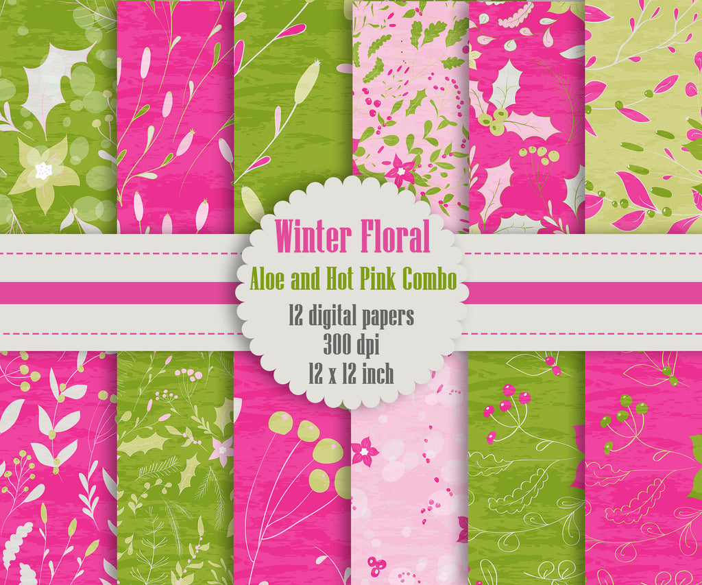12 Winter Floral Digital Papers in Aloe and Hot Pink Color in 12 inch, Instant Download, High Resolution 300 Dpi, Commercial Use