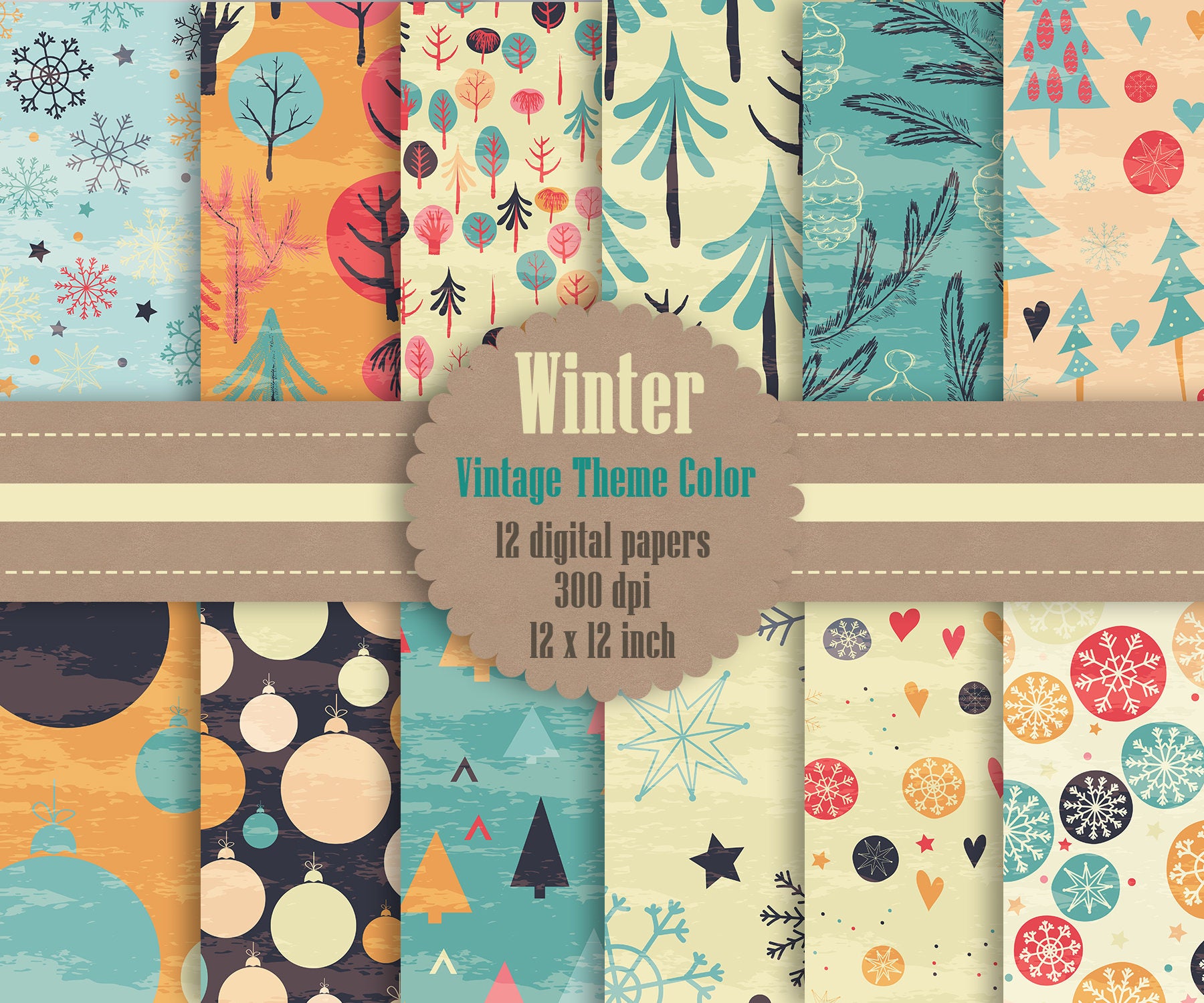 12 Winter Pattern Digital Papers in Vintage Theme Color in 12 inch, Instant Download, High Resolution 300 Dpi, Commercial Use
