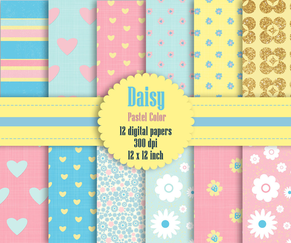 12 Daisy Flower Digital Paper in Pastel Color 12 inch 300 Dpi Instant Download, Pink Papers, Scrapbook Papers, Commercial Use