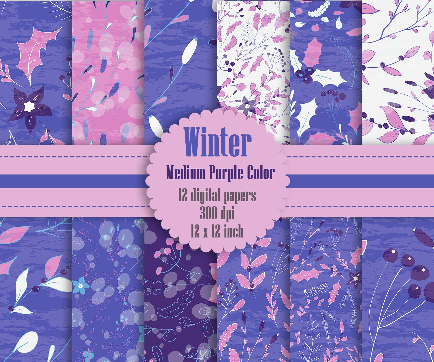 12 Winter Pattern Digital Papers in Medium Purple Theme Color in 12 inch, Instant Download, High Resolution 300 Dpi, Commercial Use