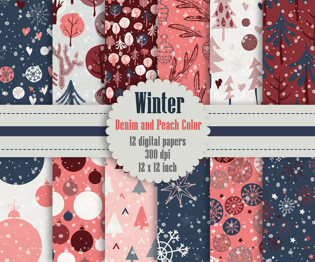 12 Winter Pattern Digital Papers in Denim and Peach Color in 12 inch, Instant Download, High Resolution 300 Dpi, Commercial Use