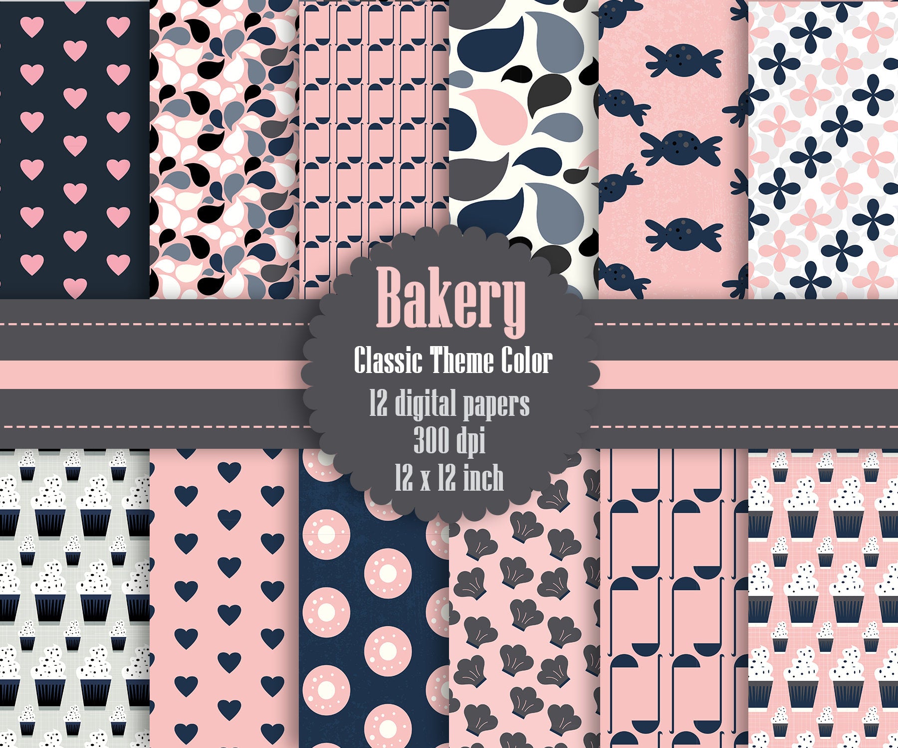12 Bakery Digital Papers in Classic Theme Color in 12 inch, Instant Download, High Resolution 300 Dpi, Commercial Use