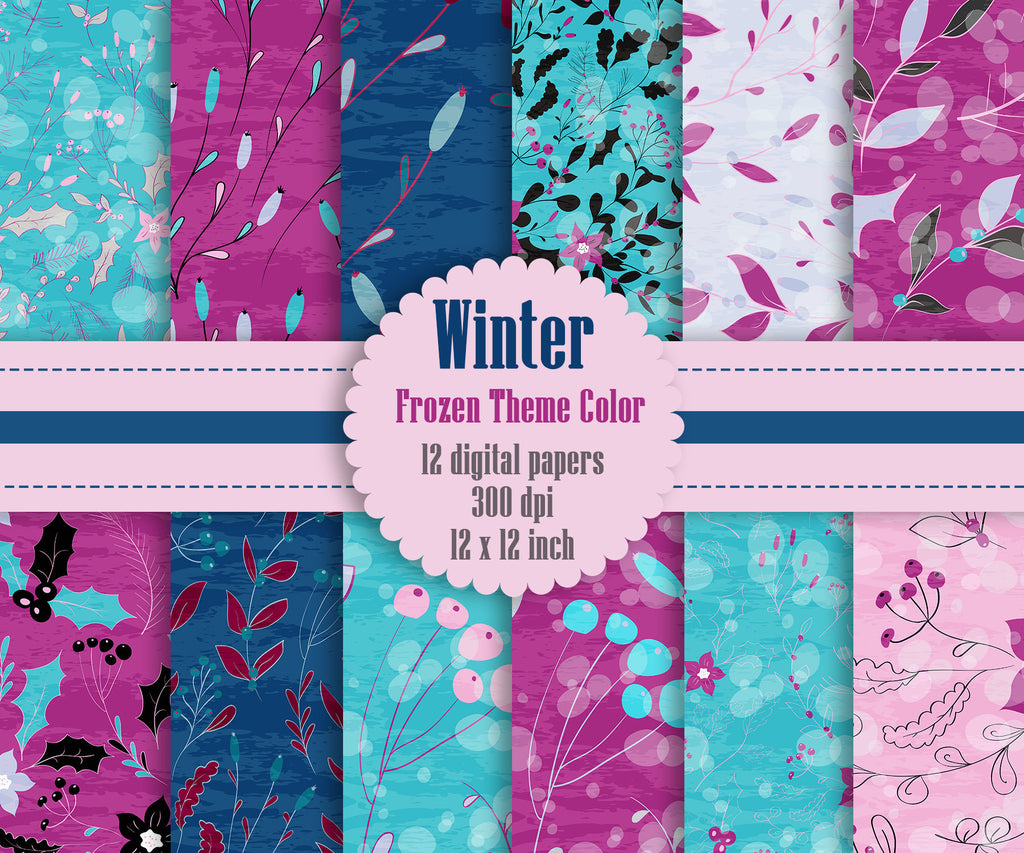 12 Winter Floral Digital Papers 12 inch, Instant Download, High Resolution 300 Dpi, Commercial Use